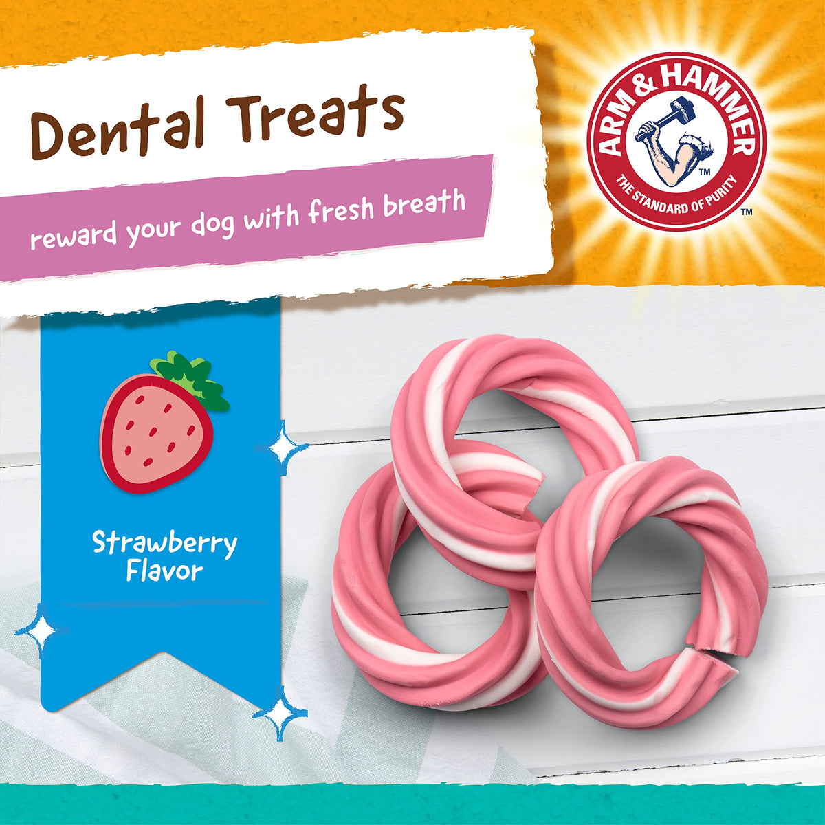 Arm & Hammer for Pets Ringers Dental Treats for Dogs Dog Dental Chews Fight Bad Breath & Tartar Without Brushing Fruity Strawberry Flavor in Dog Treat Bag,Dental Dog Chews(Pack of 24,120 Count)