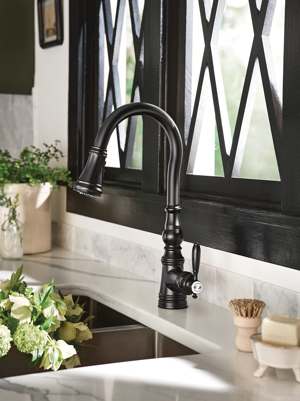 Moen Weymouth Matte Black Shepherd's Hook Pulldown Kitchen Faucet Featuring Metal Pull Down Sprayer with Power Boost, S73004BL