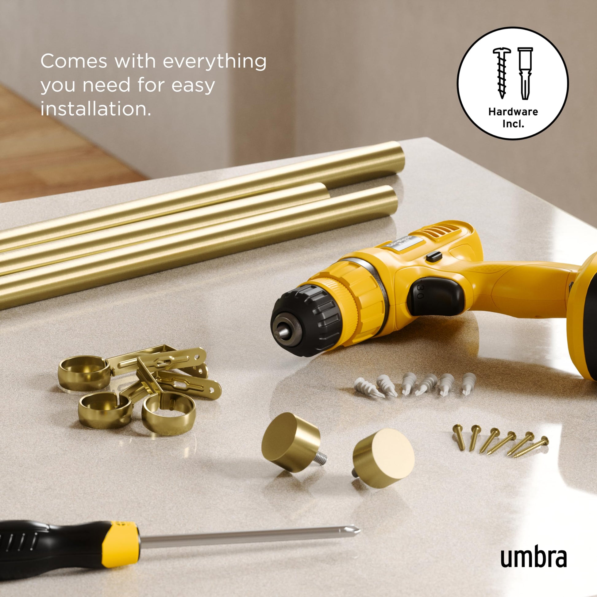 Umbra Cappa Curtain Rod, Includes 2 Matching Finials, Brackets & Hardware, 120 to 180-Inches, Gold