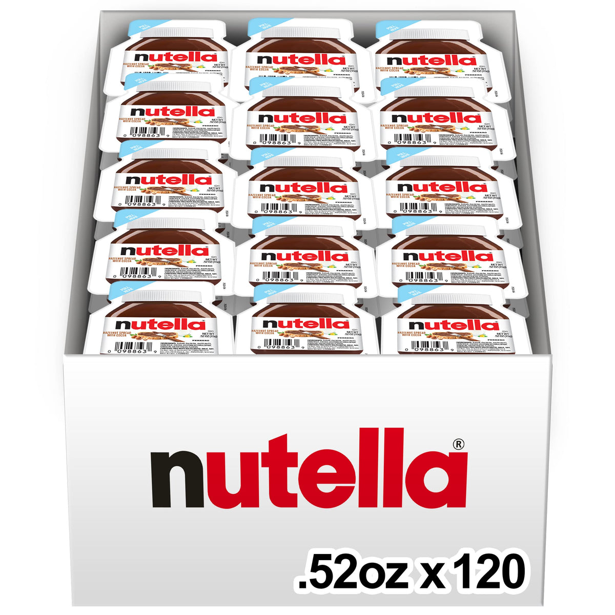Nutella Hazelnut Spread with Cocoa for Breakfast, Bulk 120 Pack Mini Cups, 0.52 oz Each, Holiday Baking and Desserts