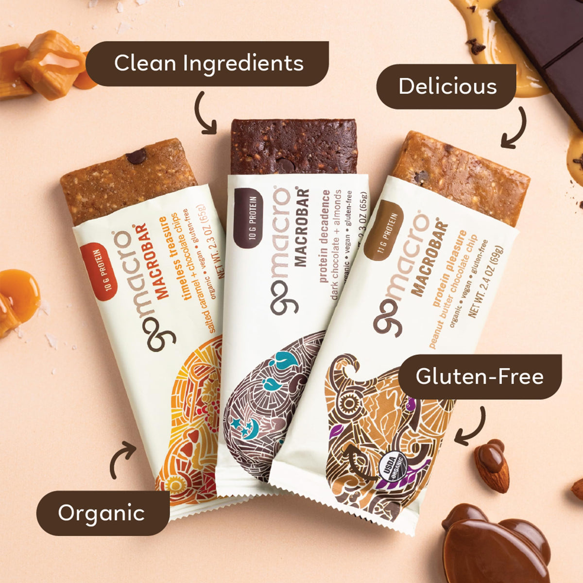 GoMacro MacroBar Organic Vegan Protein Bars - Chocolate Lover Variety Pack (2.3 Ounce Bars, 12 Count)