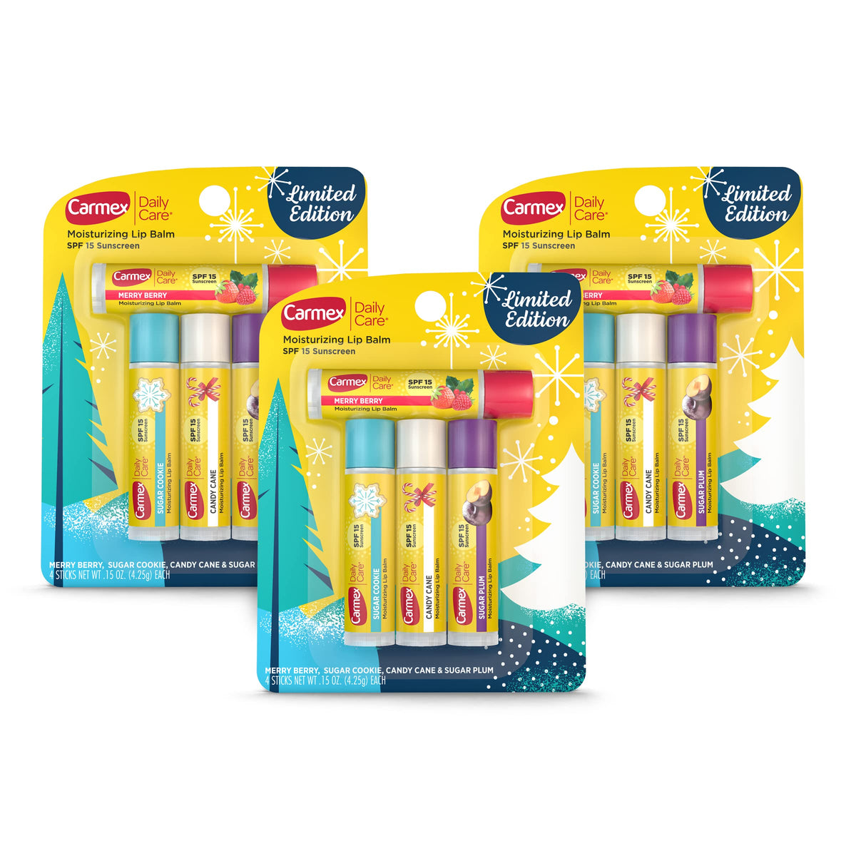 Carmex Daily Care Moisturizing Lip Balm Limited Edition Holiday Stick Pack in Sugar Plum, Candy Cane, Sugar Cookie and Merry Berry - 0.15 OZ each, 4 count (Pack of 3)