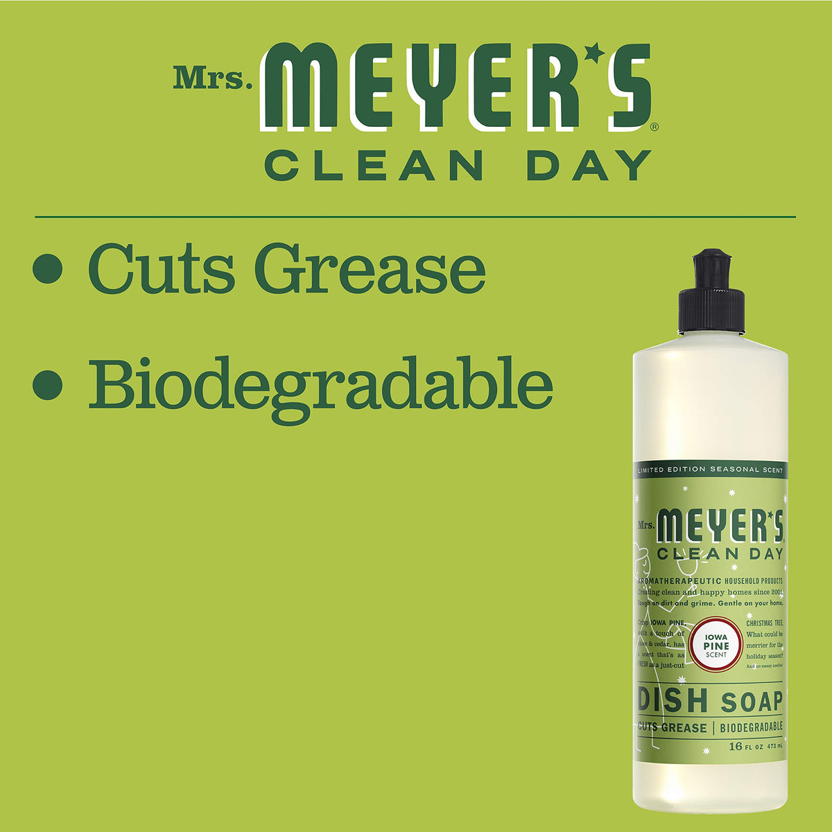 MRS. MEYER'S CLEAN DAY Liquid Dish Soap, Biodegradable Formula, Limited Edition Iowa Pine, 16 fl. oz