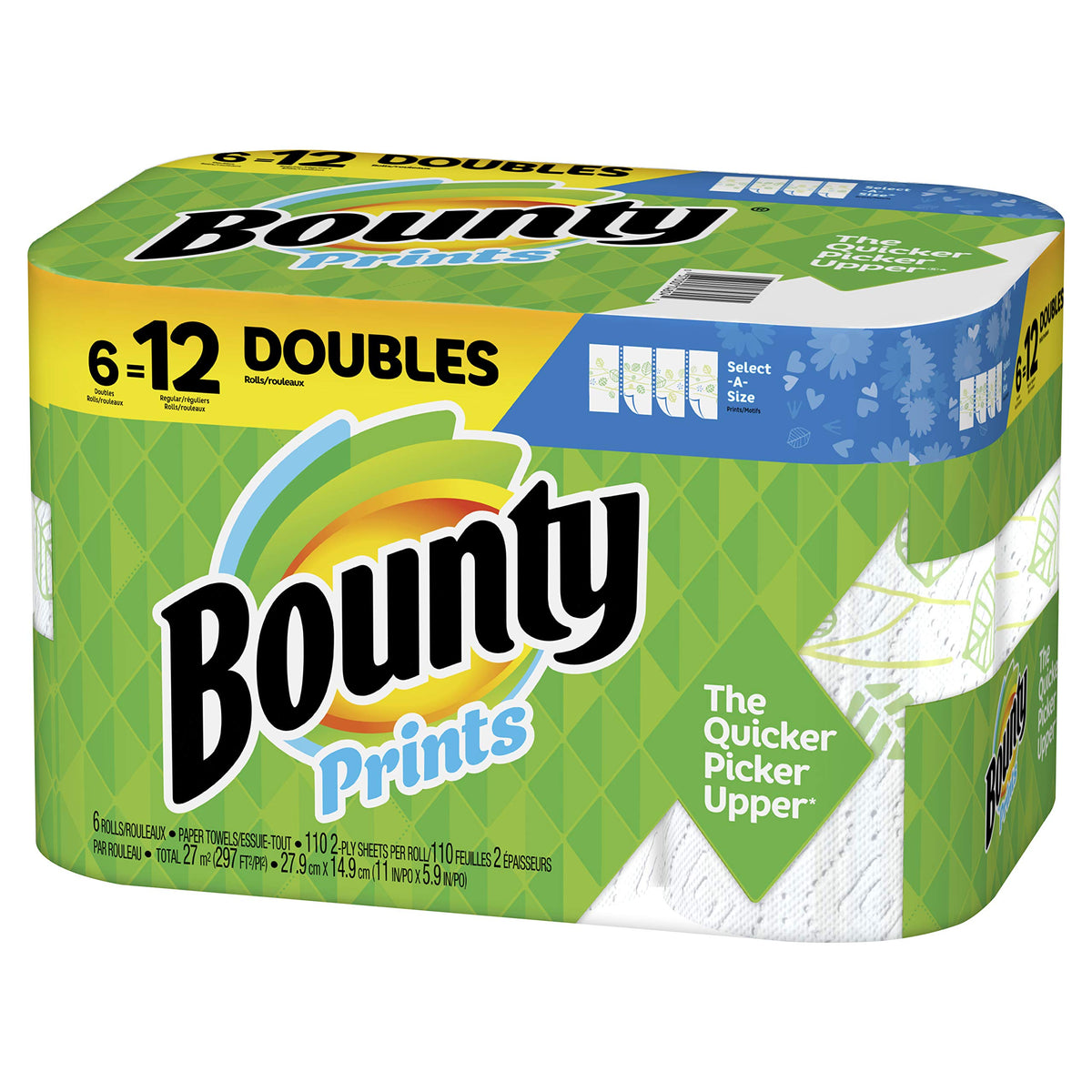 Bounty Select-A-Size Paper Towels, Print, 6 Double Rolls = 12 Regular Rolls