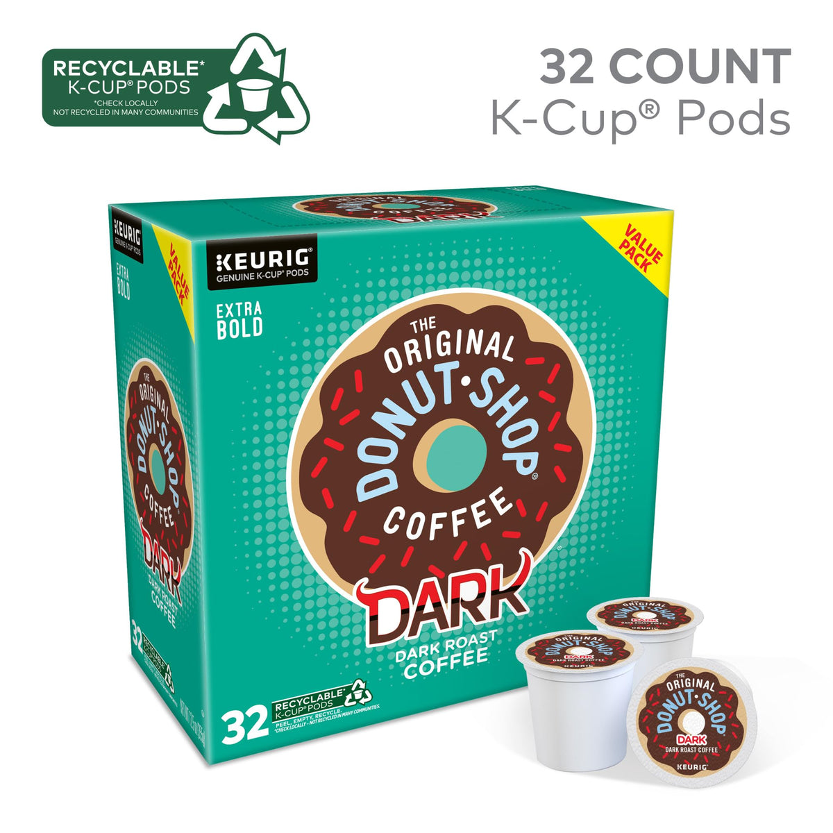 The Original Donut Shop Dark, Keurig Single Serve K-Cup Pods, Dark Roast Coffee Pods, 32 Count