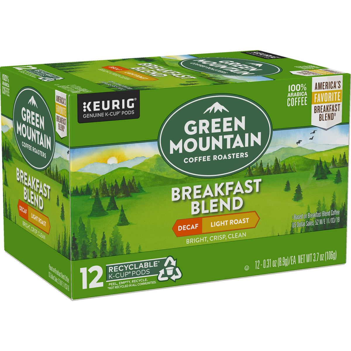 Green Mountain Keurig Decaf Coffee Breakfast Blend, 0.31 Ounce (Pack of 12)