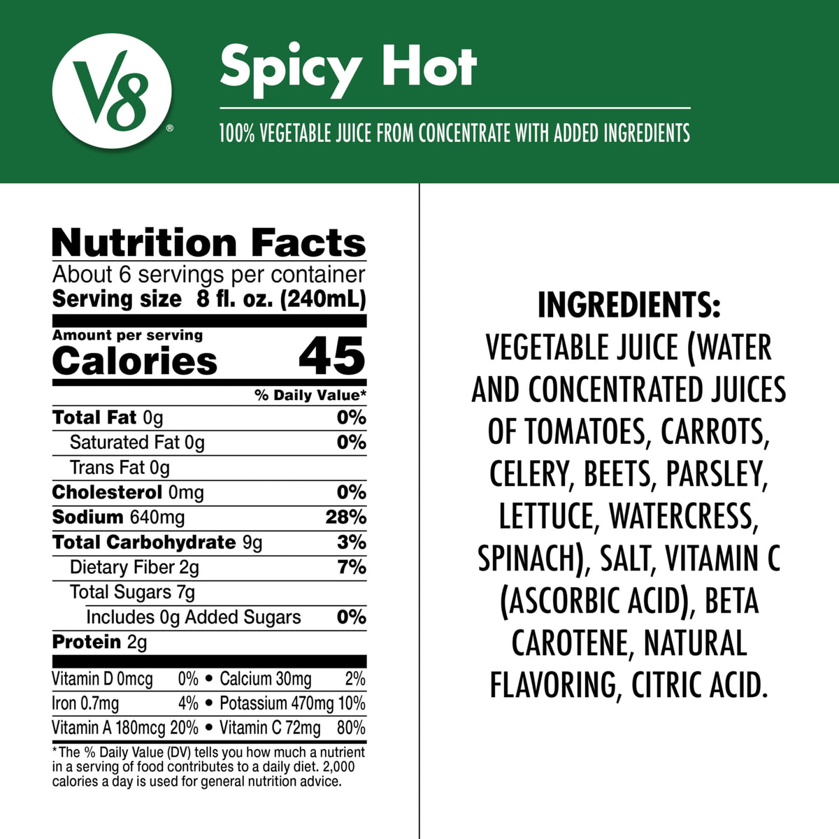 V8 Spicy Hot 100% Vegetable Juice, 46 fl oz Bottle (6 Pack)