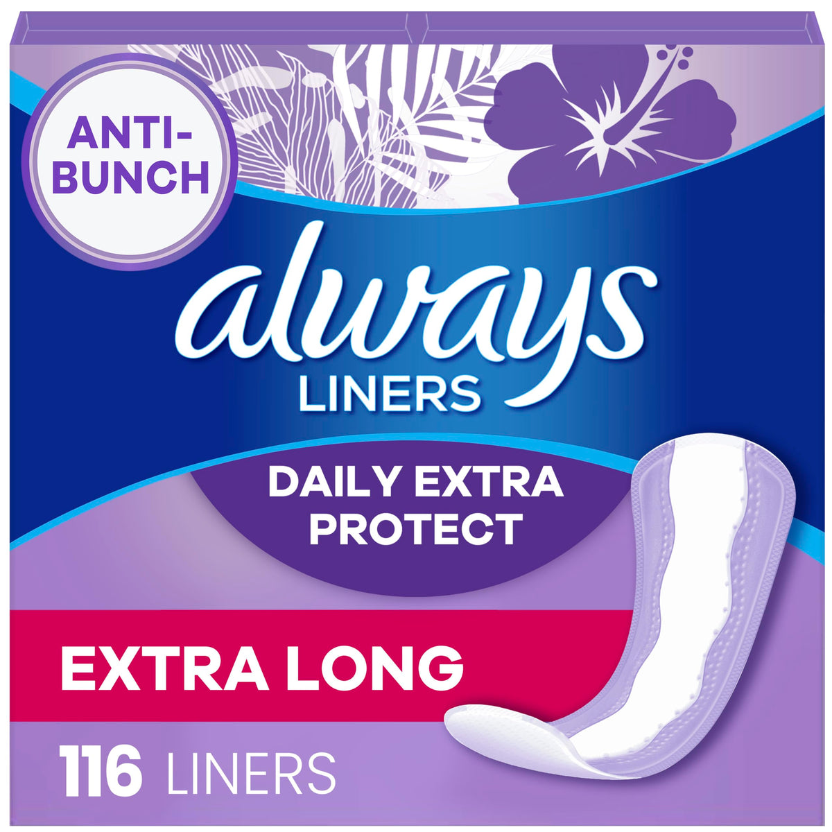 Always Daily Extra Protect Liners, Extra Long Length, Unscented Panty Liners, 116 Count