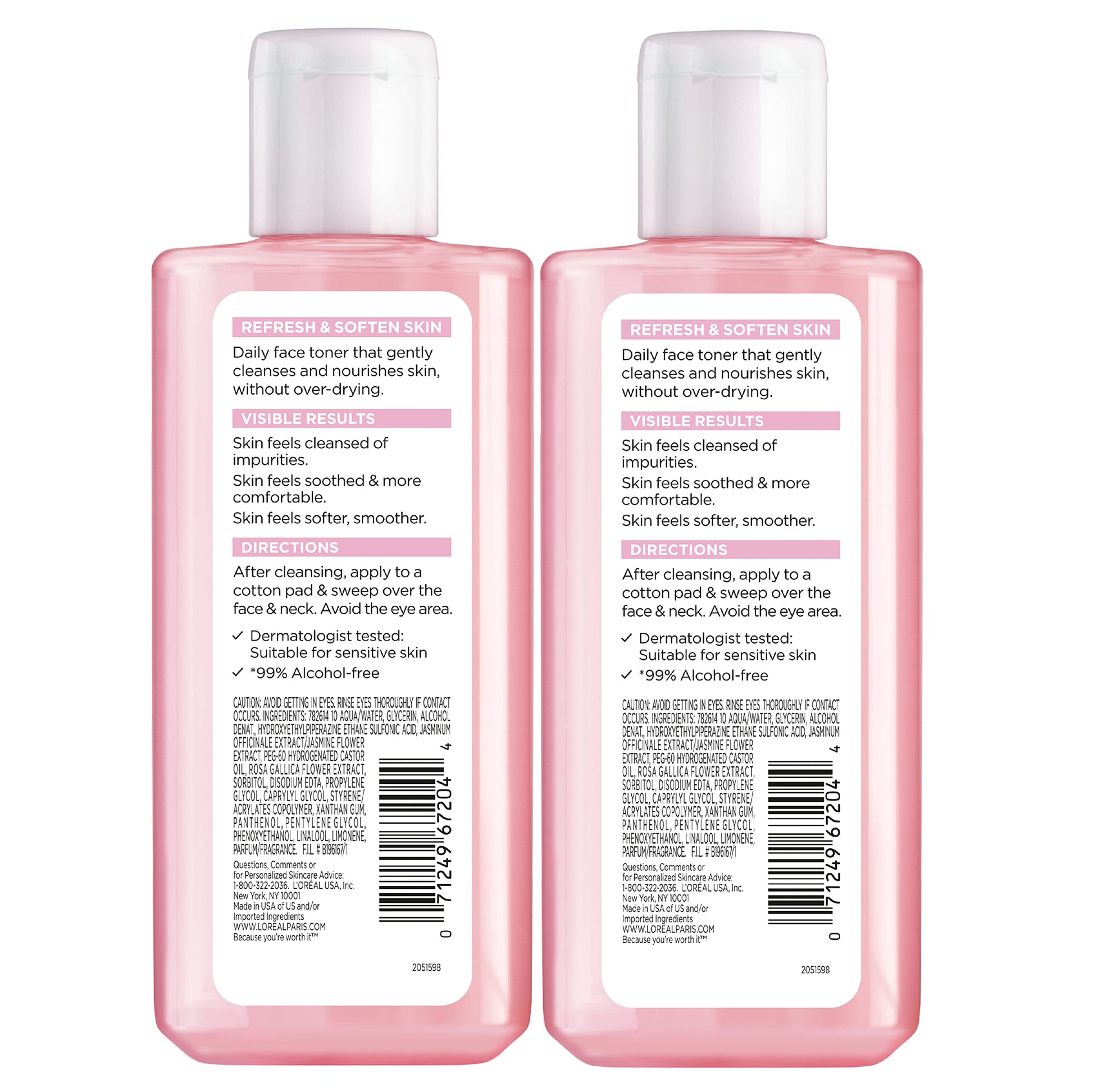 L'Oreal Paris Skincare HydraFresh Toner Face Toner, Alcohol Free Toner with Pro-Vitamin B5 for a Smoother, Brighter Complexion, 2 Count
