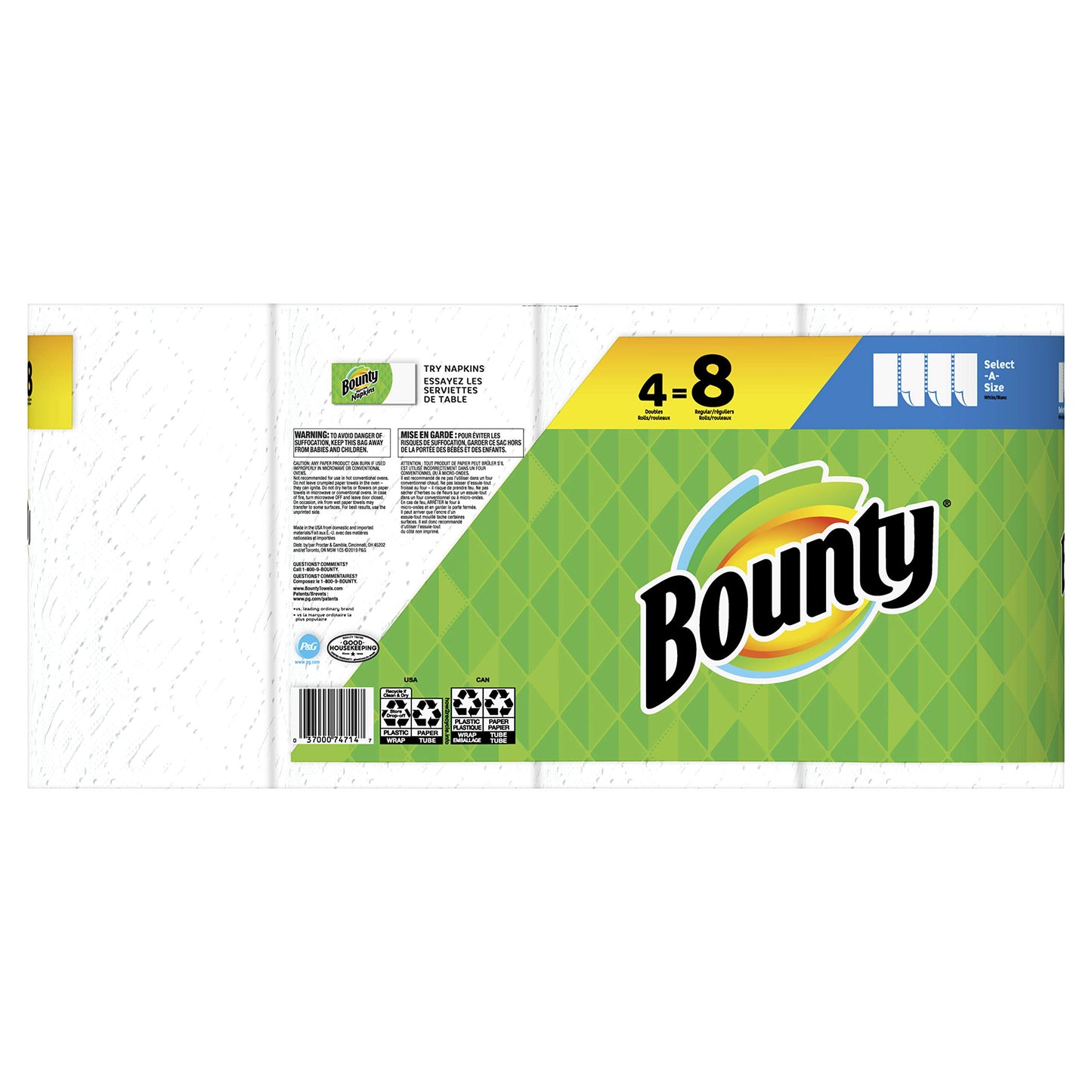 Bounty Select-A-Size Paper Towels, White, 4 Double Rolls = 8 Regular Rolls, 4Count (Pack Of 4)