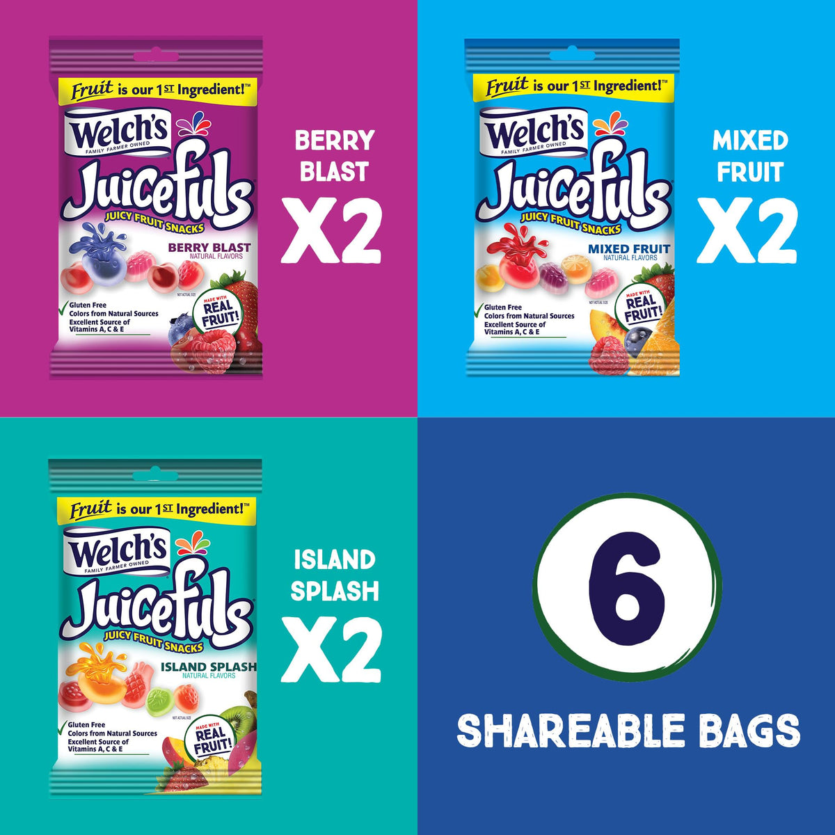 Welch's Juicefuls Juicy Fruit Snacks, Mixed Fruit, Berry Blast & Island Splash Fruit Gushers Variety Pack, Gluten Free, 4 oz Sharing Size Bags (Pack of 6)