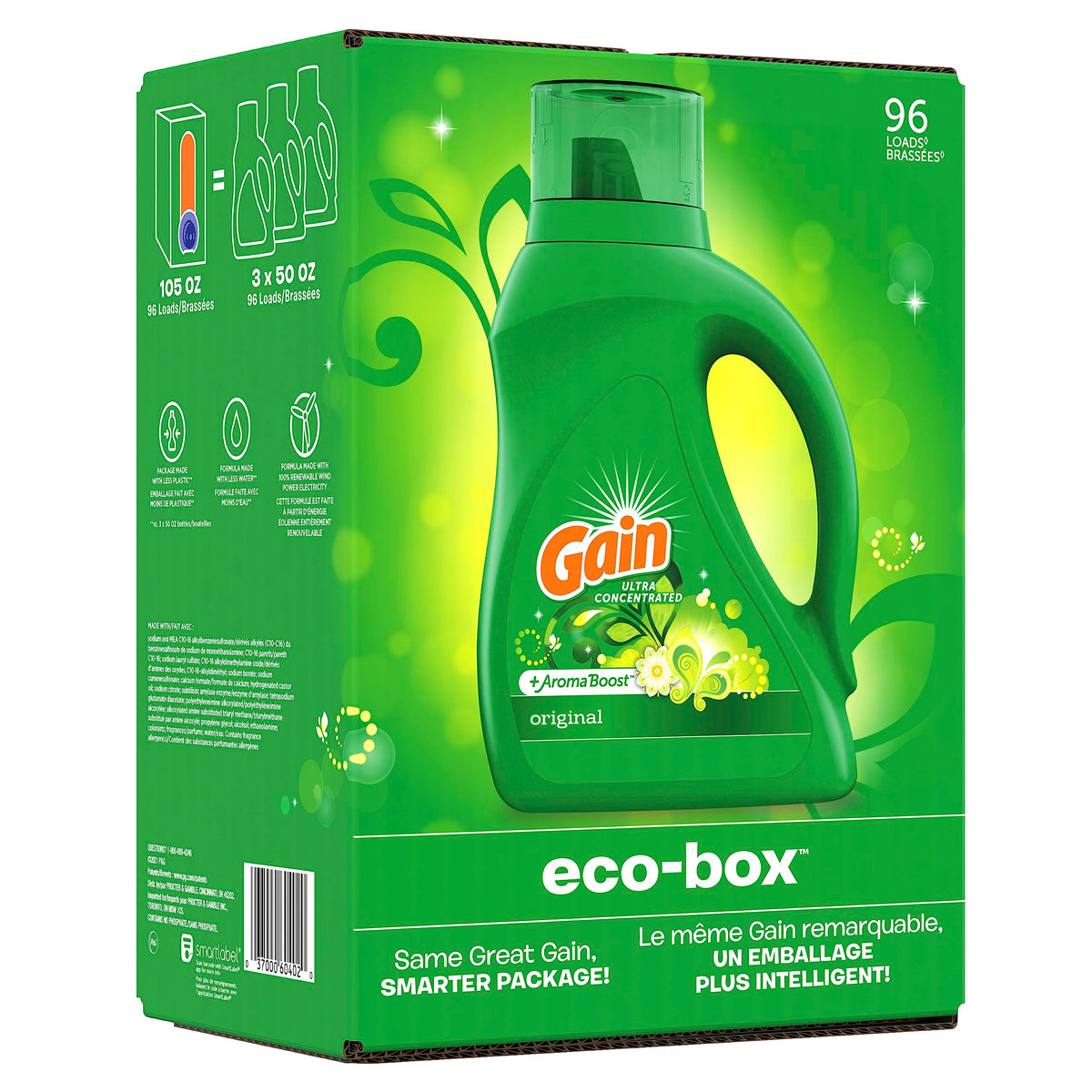 Gain Laundry Detergent Liquid Soap Eco-Box, Ultra Concentrated High Efficiency (HE), Original Scent, 96 Loads