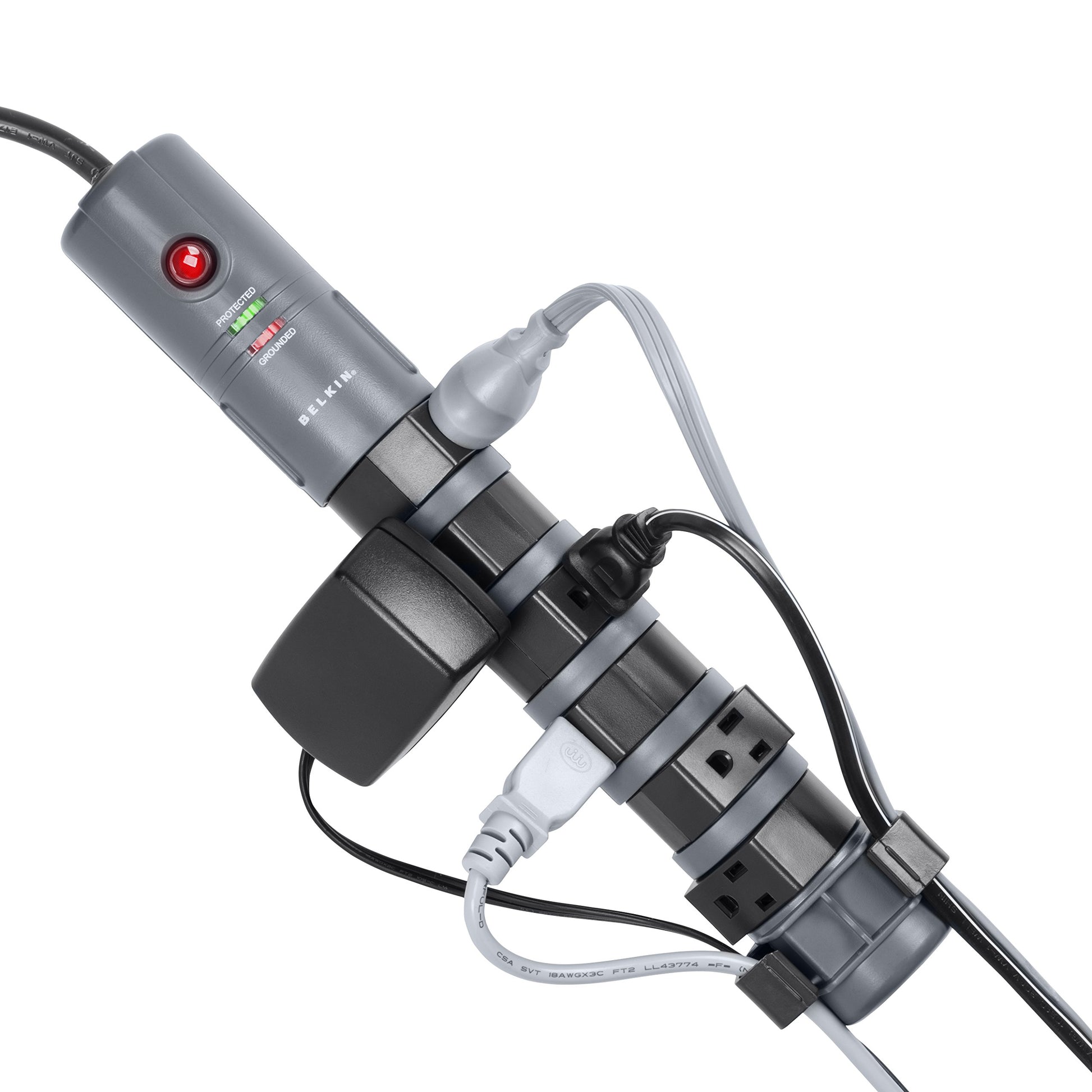 Belkin 8-Outlet Pivot-Plug Power Strip Surge Protector With 6ft Cord & Telephone Protection - Surge Protection For Up To 8 Devices - 1800 Joules Energy Rating - Gray
