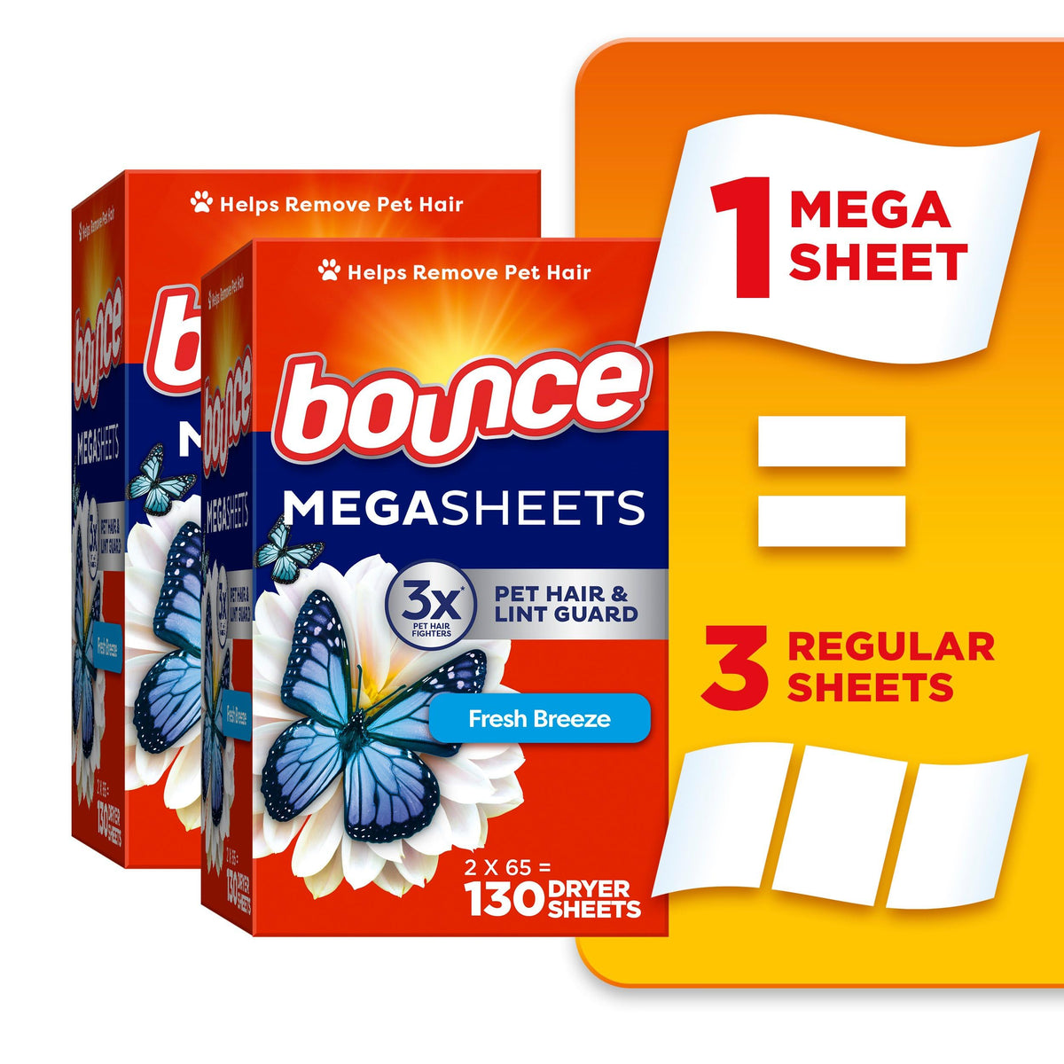 Bounce Mega Dryer Sheets, Fresh Breeze, 130 Count (Packaging May Vary)