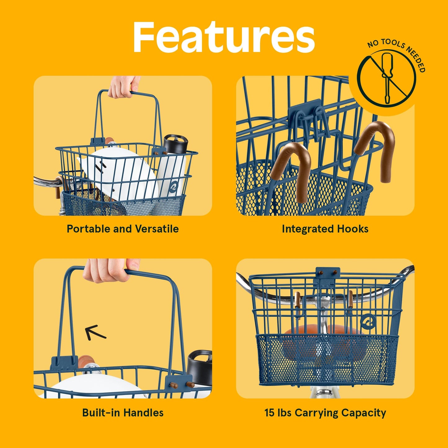 Retrospec Apollo Detachable Front Bike Basket Steel Half-Mesh with Integrated Detachable Hooks and Built-in Handle, Easy Assembly and Portability for Bicycles, Navy