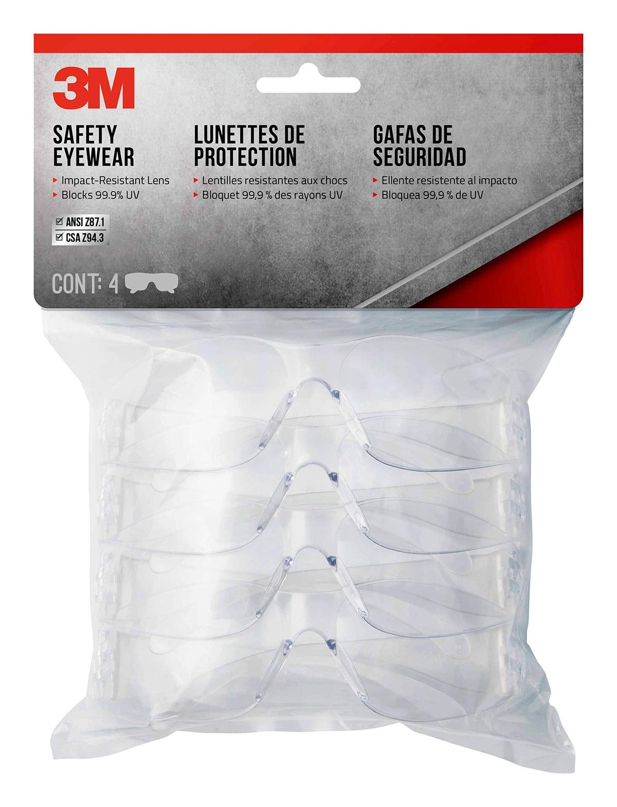 3M Indoor Safety Eyewear, Clear Lens, Contractor Pack, 4-Pack
