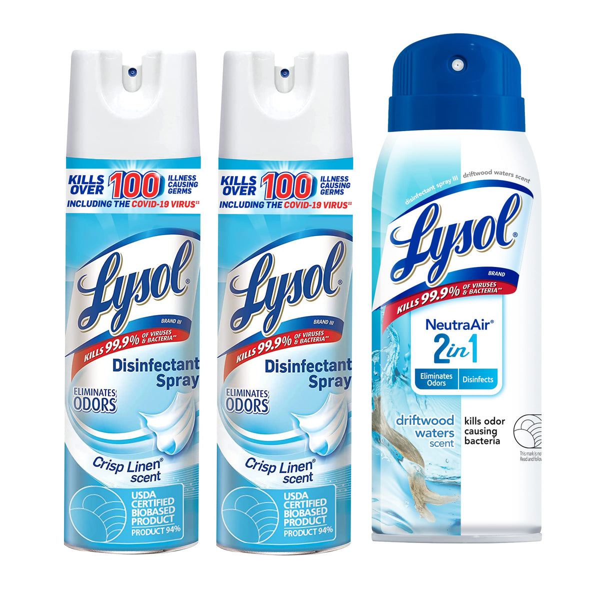 Lysol Disinfectant Spray Bundle - 2 Crisp Linen Disinfectant Sprays (19 Ounce Aerosol) and One Driftwood Waters 2-in-1 NeutraAir Spray (10 Ounce Aerosol)