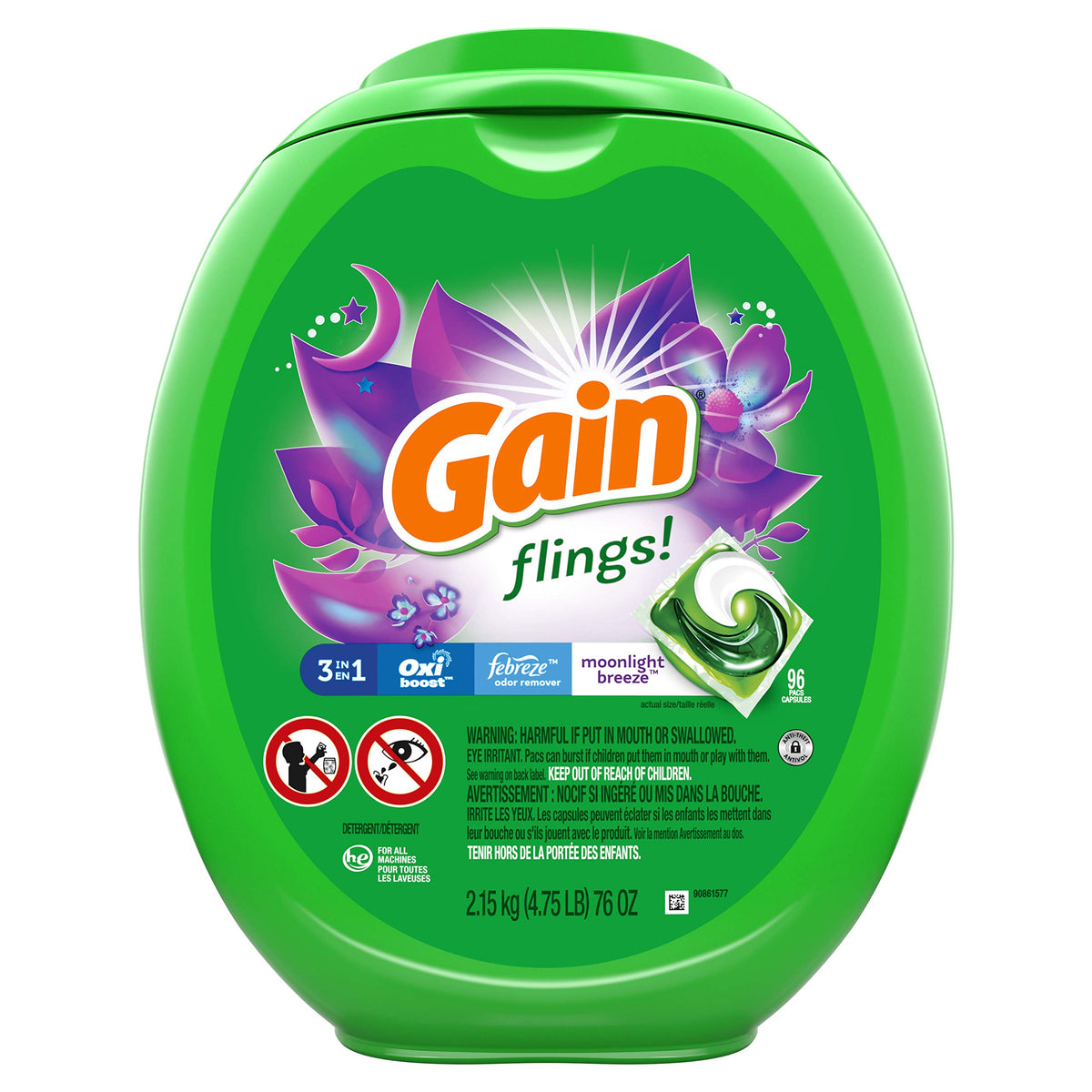 Gain flings! Laundry Detergent Soap Pods, High Efficiency (HE), Moonlight Breeze Scent, 96 Count