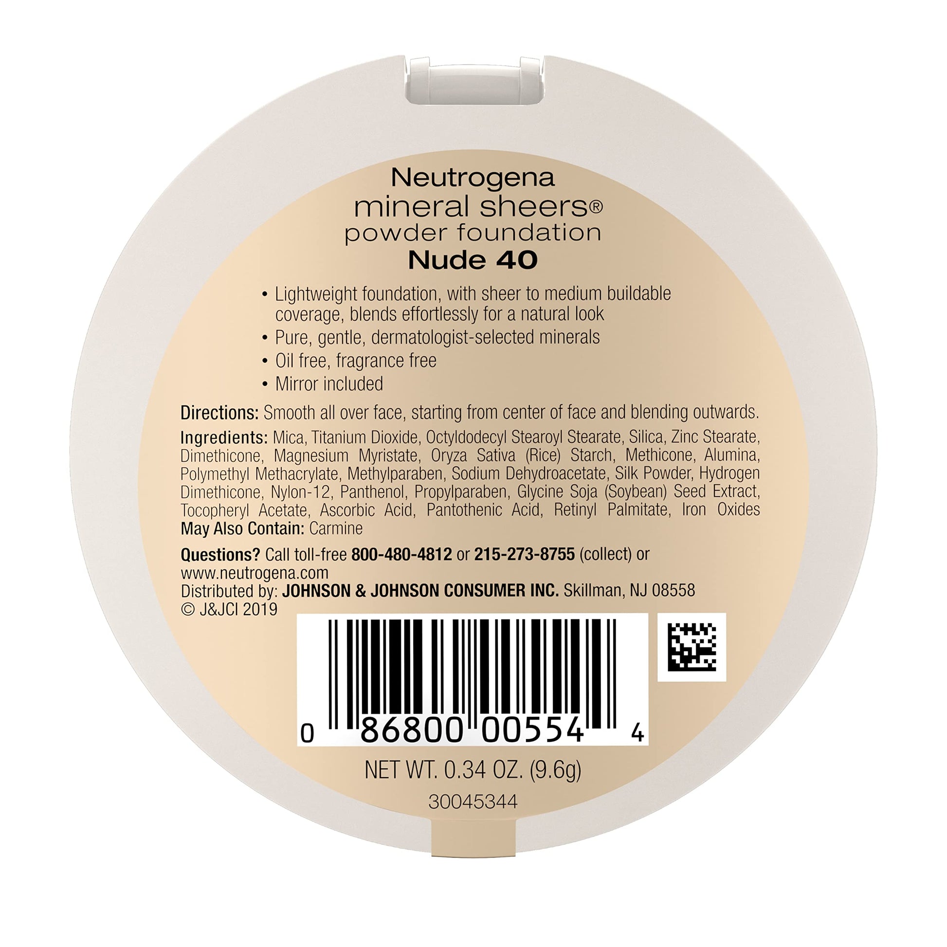 Neutrogena Mineral Sheers Compact Powder Foundation, Lightweight & Oil-Free Mineral Foundation, Fragrance-Free, Nude 40, .34 oz, 2 Pack