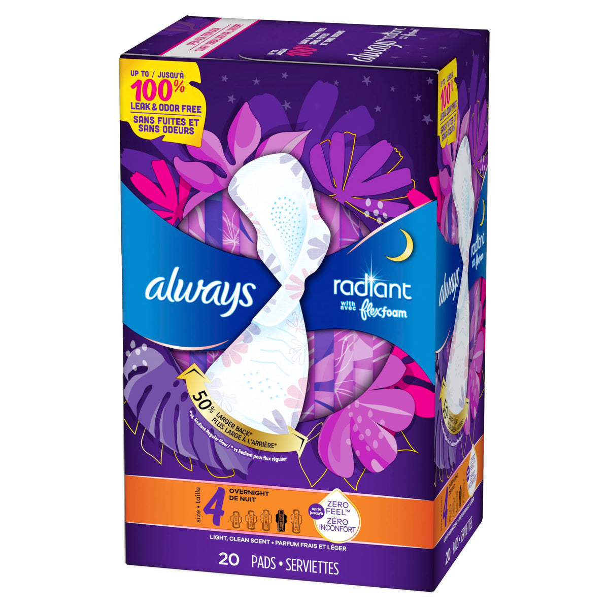 Always Radiant Pads, Size 4, Overnight Absorbency, Scented, 20 Count