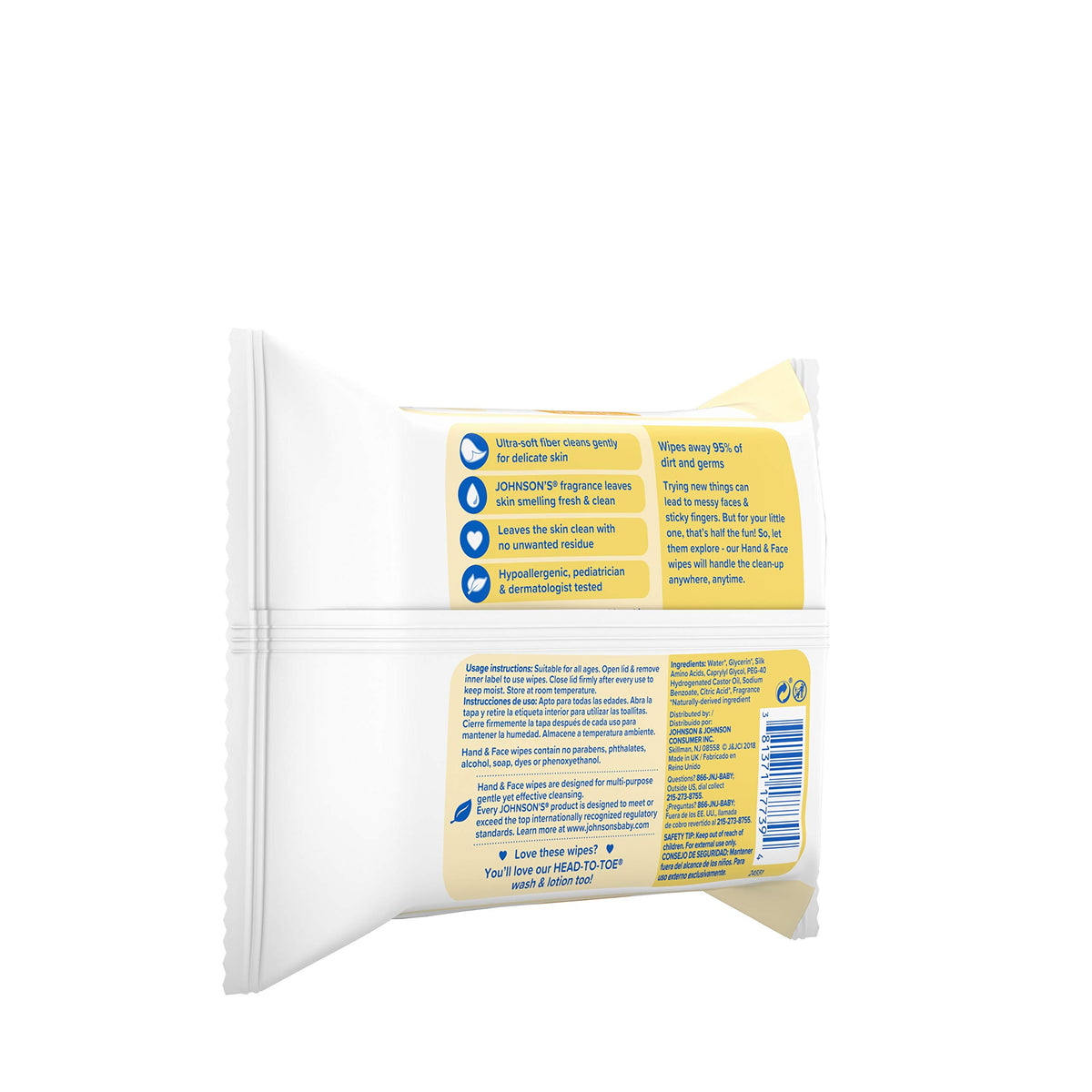 JOHNSON'S Hand & Face Wipes 25 Each (Pack of 7)