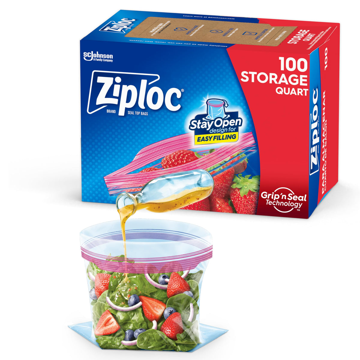 Ziploc Quart Food Storage Bags, Stay Open Design with Stand-Up Bottom, Easy to Fill, 100 Count