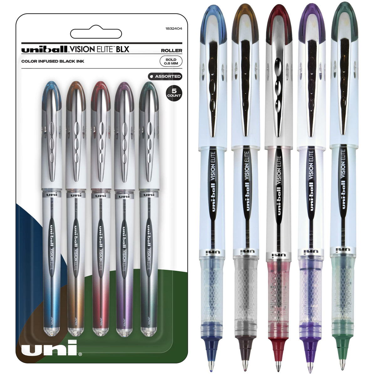 uni-ball 1832404 VISION ELITE BLX Series Rollerball Pen .8 mm Assorted 5/ST