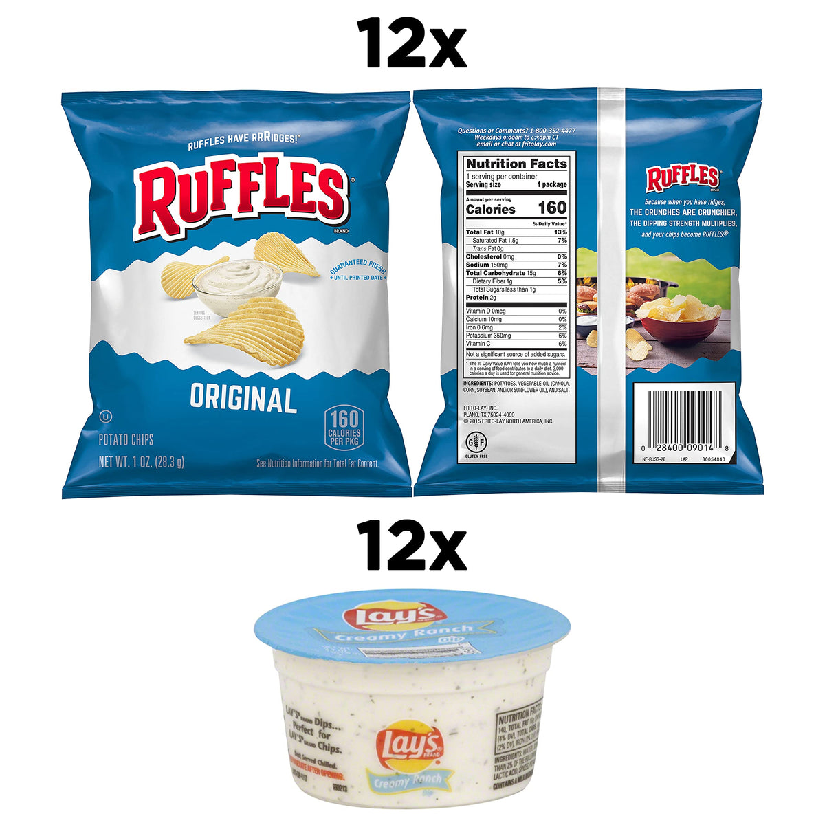 Frito Lay Ruffles Chips and Lay's Ranch Dip Cups Variety Pack, (Pack o ...