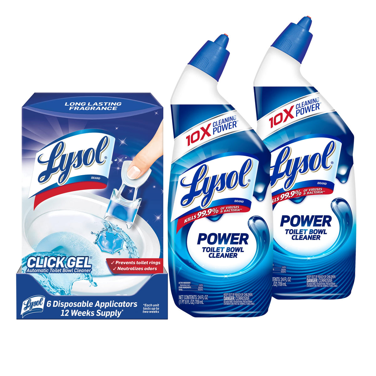 Lysol Toilet Cleaner Bundle - 2 Power Toilet Bowl Cleaner (24 Fl Oz) and 1 Ocean Fresh Click Gel Automatic Toilet Bowl Cleaner (6 count)