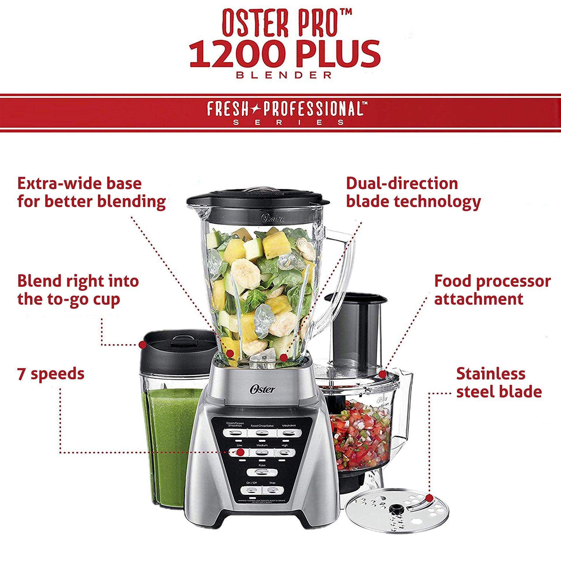 Oster Blender | Pro 1200 with Glass Jar, 24-Ounce Smoothie Cup and Food Processor Attachment, Brushed Nickel - BLSTMB-CBF-000