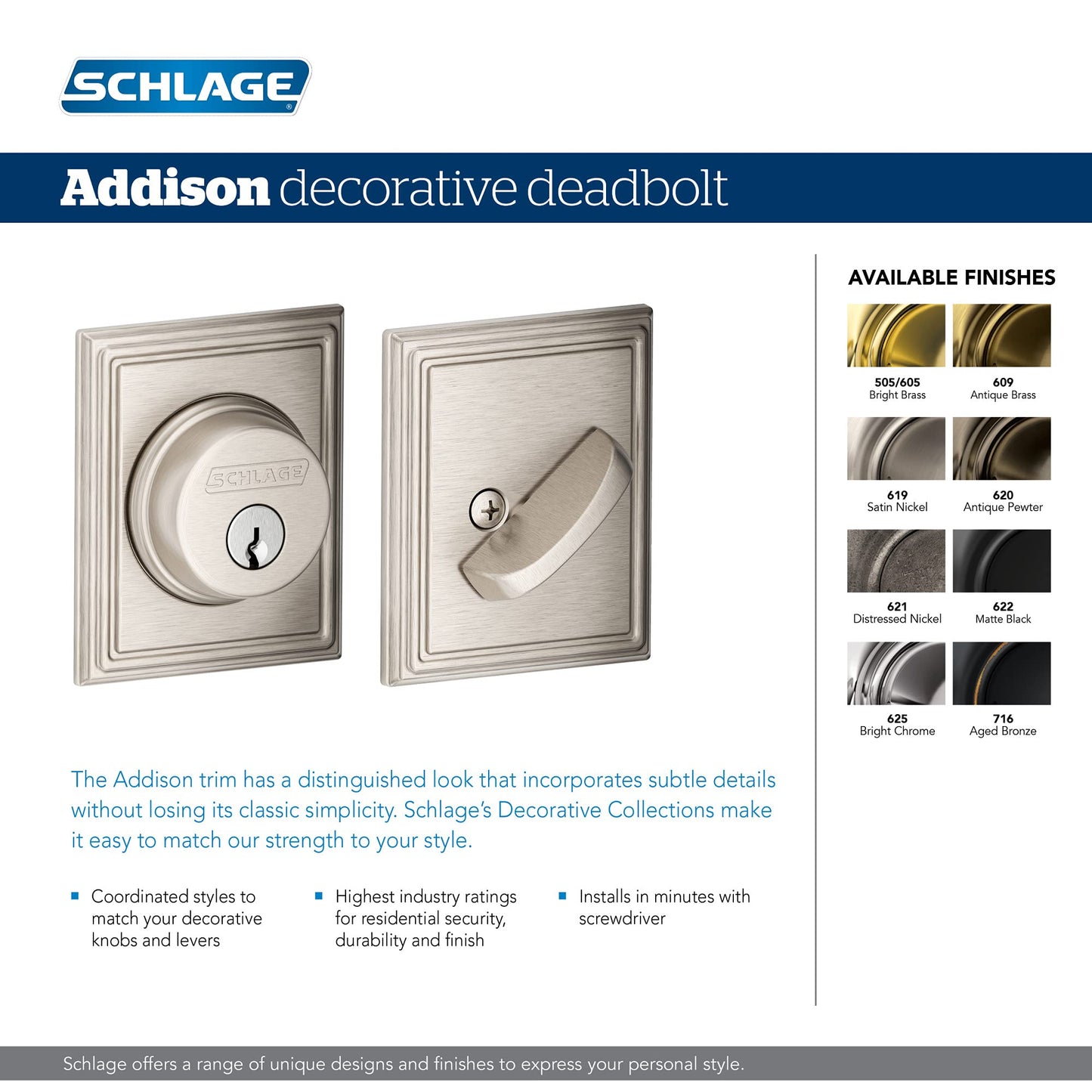 Schlage B60 N ADD 621 Deadbolt with Addison Trim, Keyed 1 Side, Highest Residential Security, Distressed Nickel, Clear Coated