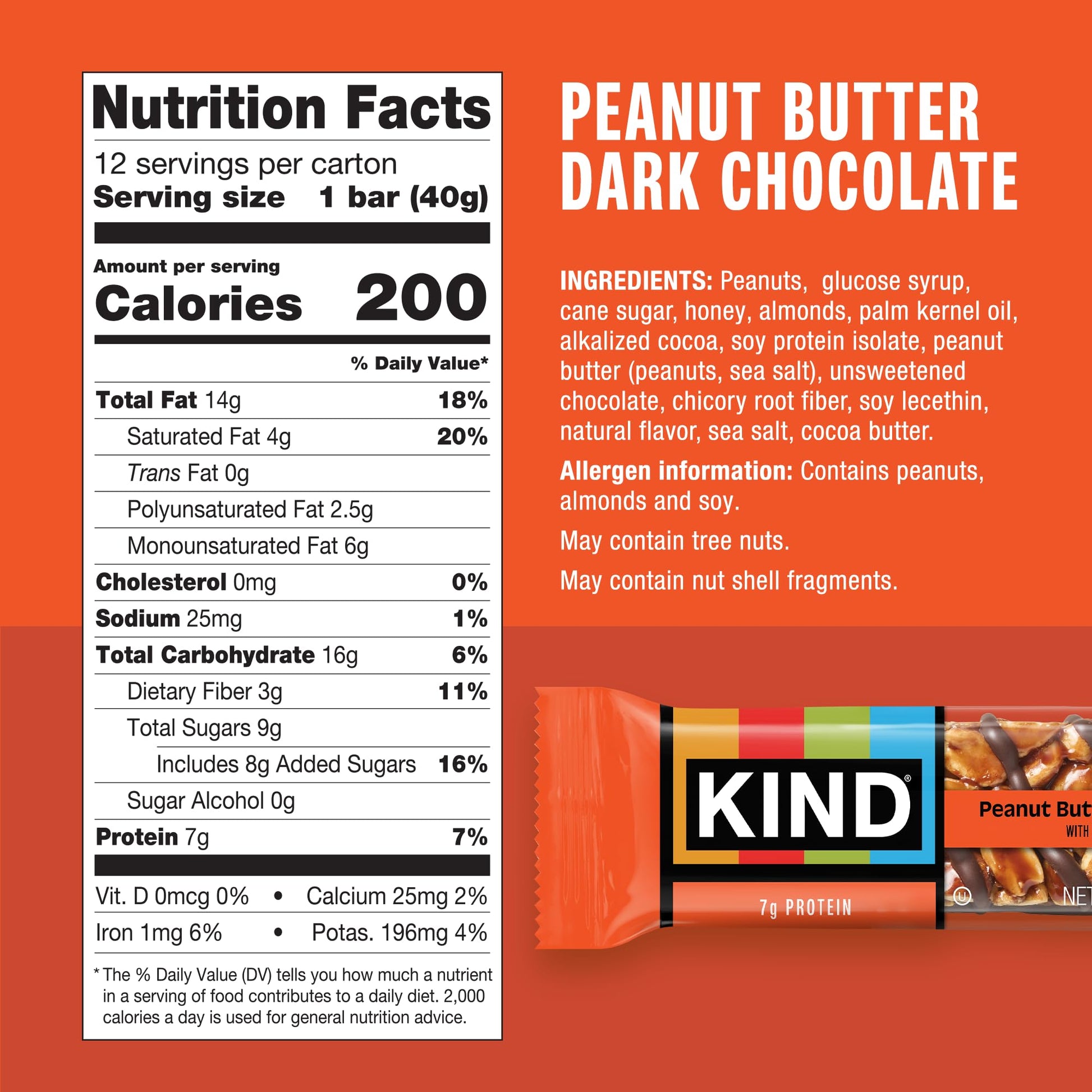 KIND Nut Bars, Peanut Butter Dark Chocolate, Healthy Snacks, Gluten Free, 8g Protein, 24 Count