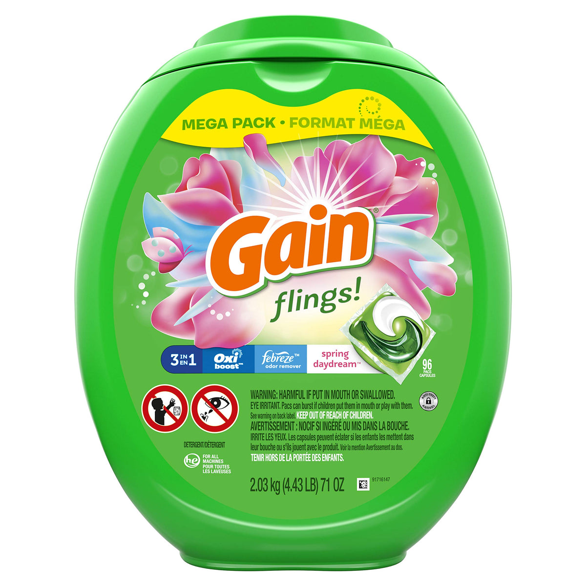GAIN Flings Liquid Laundry Detergent Pacs, Spring Daydream Scent, He Compatible, 96 Count