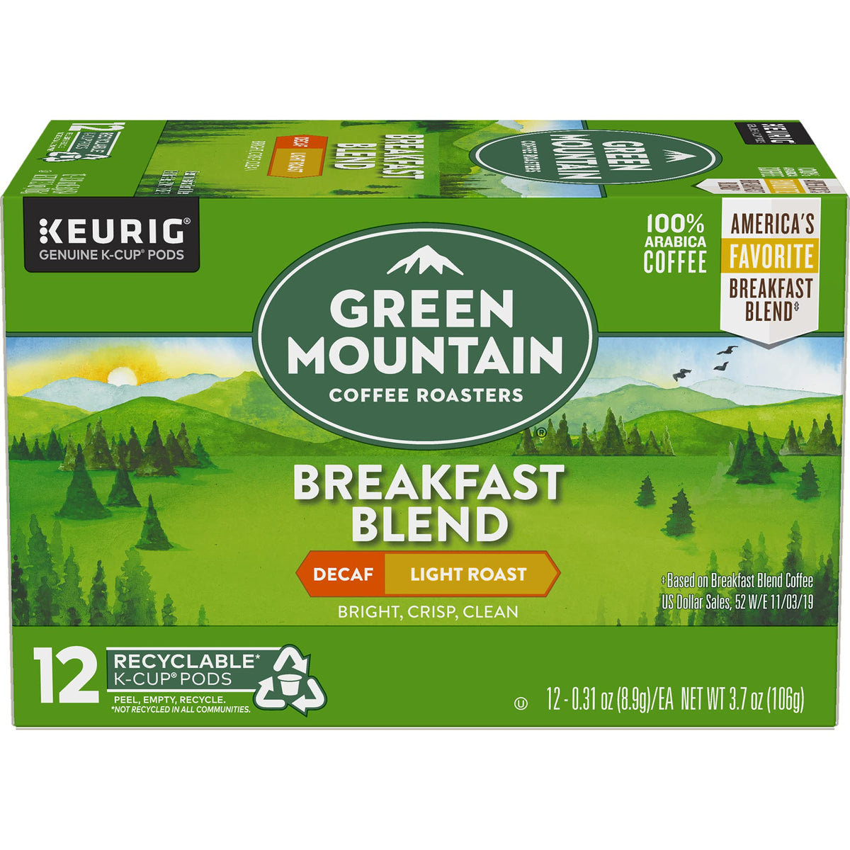 Green Mountain Keurig Decaf Coffee Breakfast Blend, 0.31 Ounce (Pack of 12)