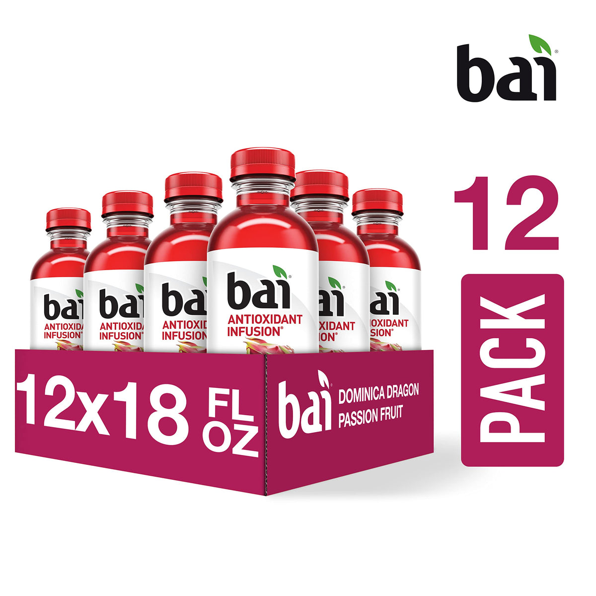 Bai Dominica Dragon Passion Fruit, Antioxidant Infused Beverage, 18 Fl Oz Bottle (Pack of 12)