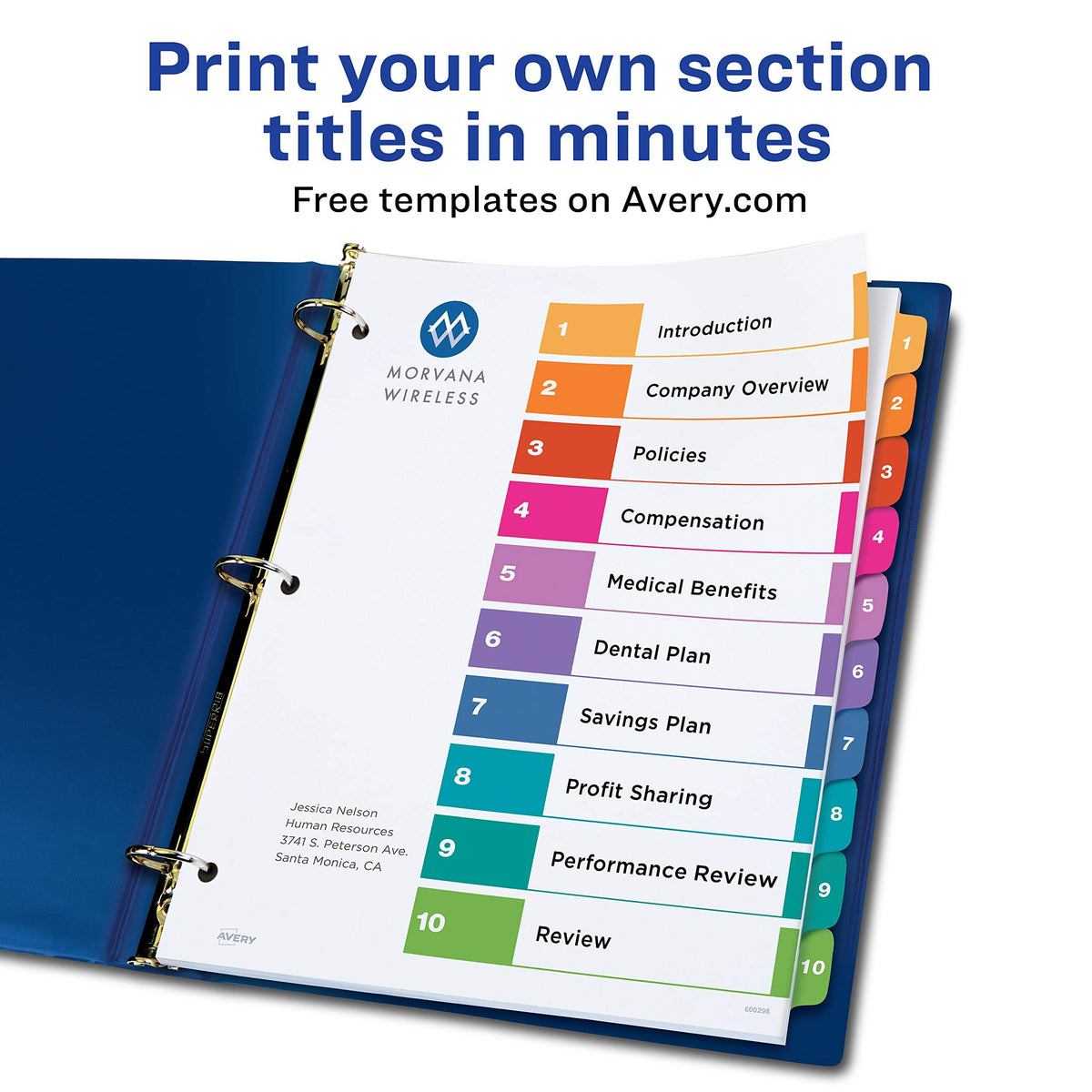 Avery 10 Tab Dividers for 3 Ring Binders, Customizable Table of Contents, Multicolor Tabs, 1 Set (11135)