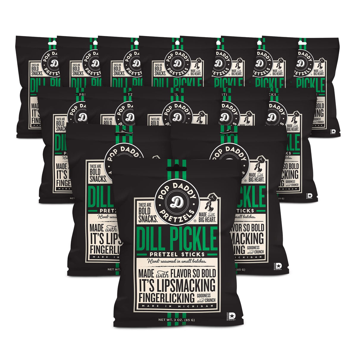 Pop Daddy Flavored Pretzels Sticks, Dill Pickle Flavor, 3oz Healthy Gourmet Pretzels Snacks, 15 Pack