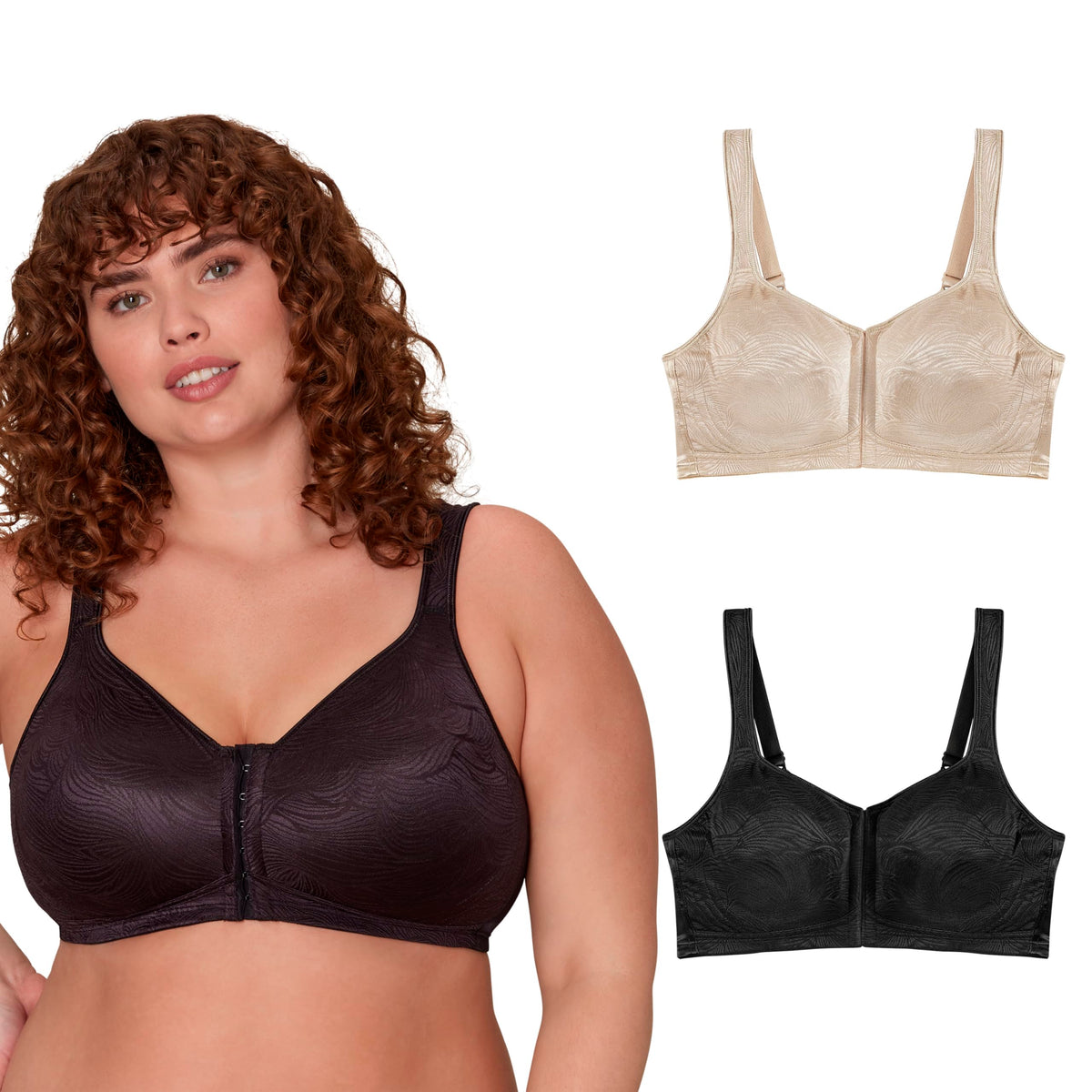 Playtex Women's Wireless, 18 Hour Plus-Size Bras Available, Front Close, Extra Back Support, E52E, Single or 2-Pack, Nude/Black, 2 Pack, 40DD