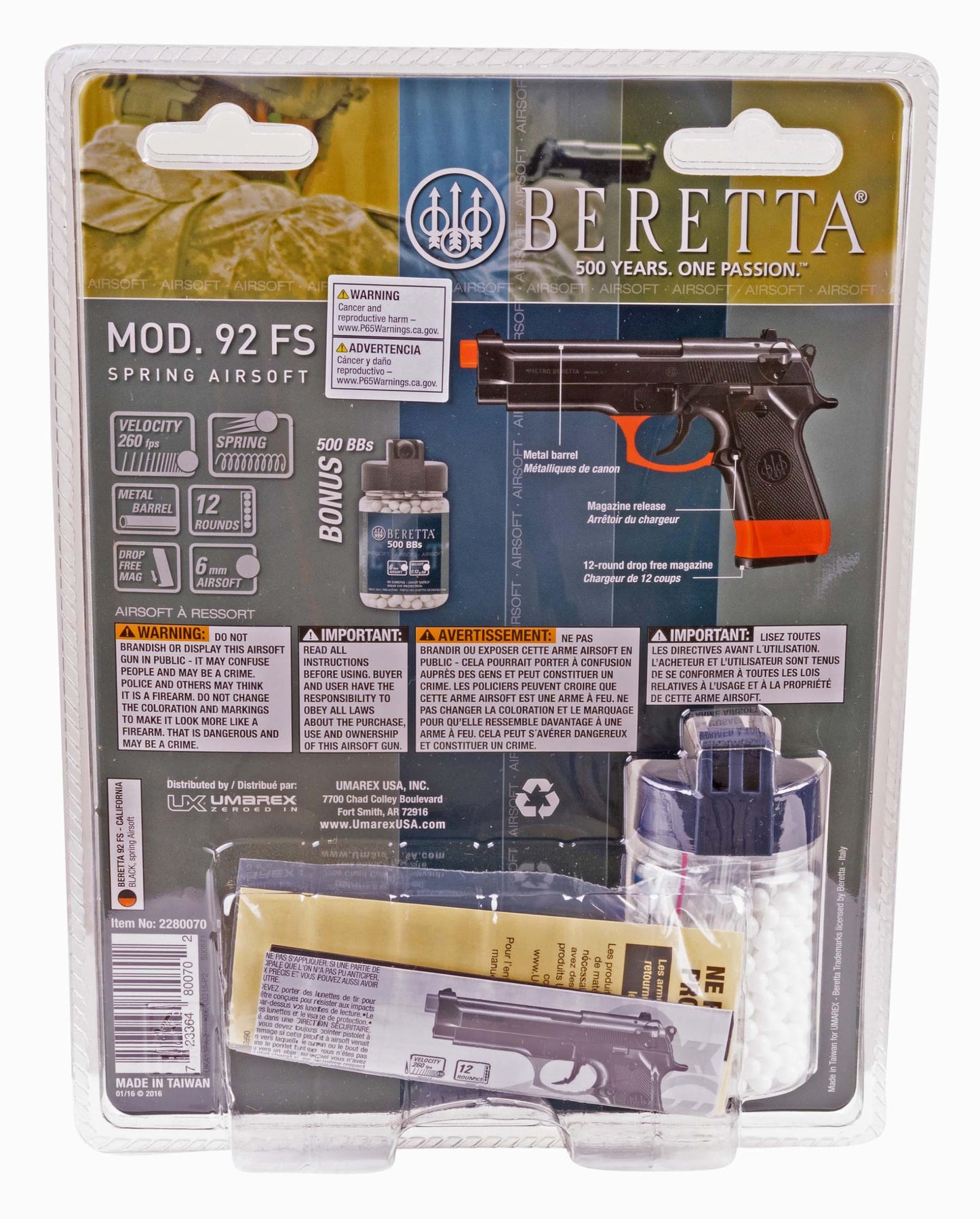 Umarex Beretta 92 FS 6mm BB Pistol Airsoft Gun, Spring (SB199 Compliant)