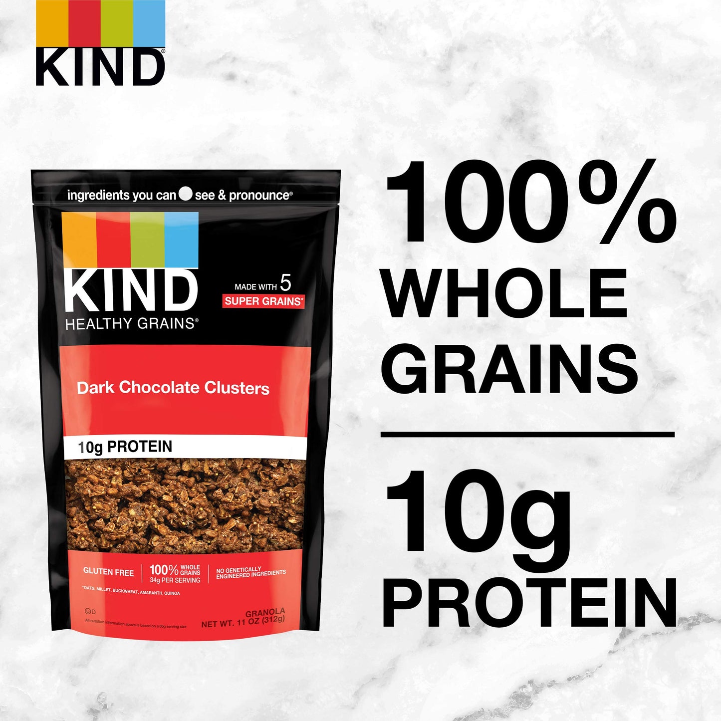 KIND Healthy Grains Granola, Dark Chocolate Clusters, Healthy Snacks, Gluten Free, 100% Whole Grains, 10g Protein, 11oz, 1 Count