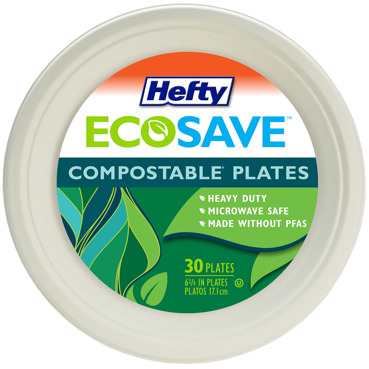 Hefty ECOSAVE 100% Compostable Paper Plates, 6-3/4 Inch, 30 Count