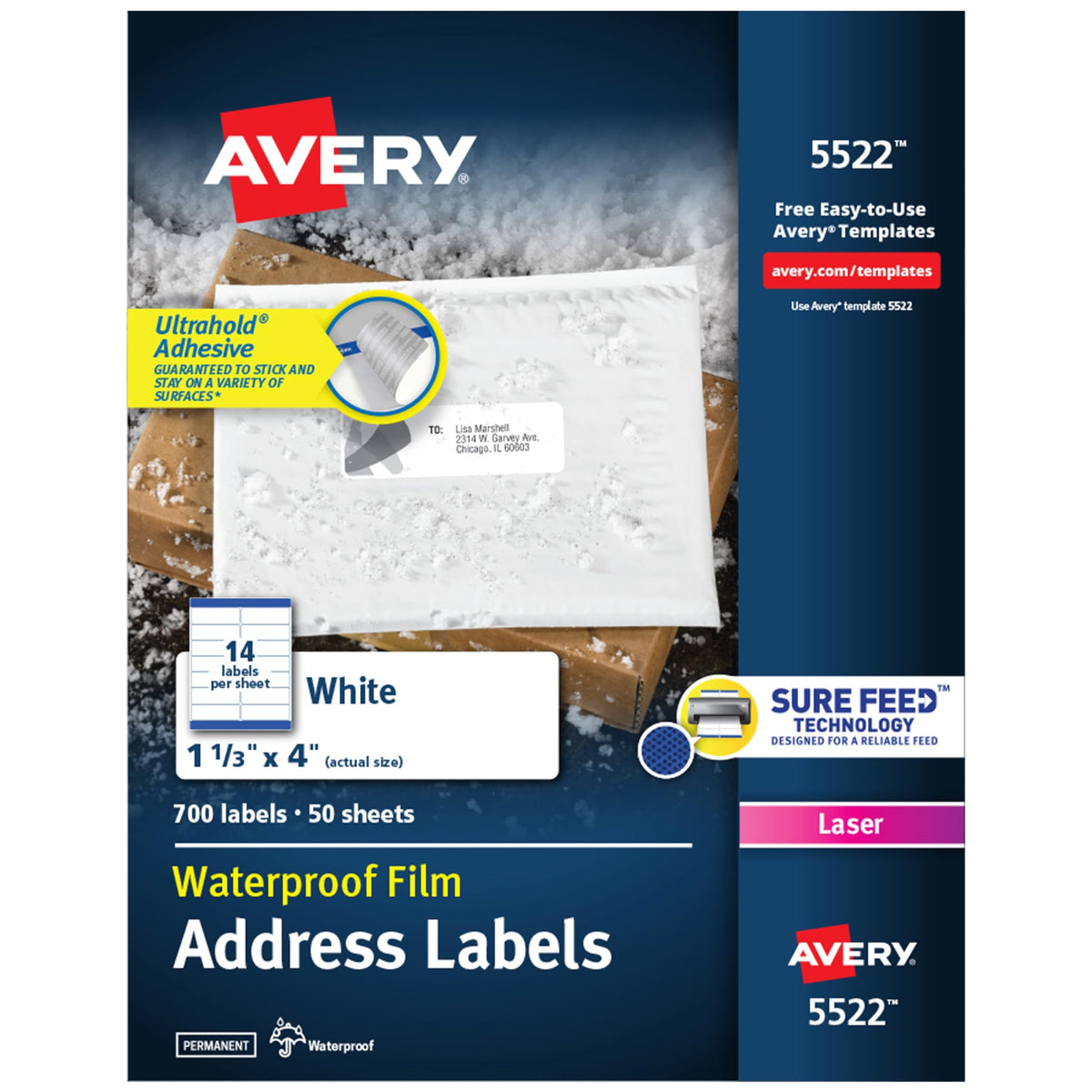 Avery Waterproof Printable Address Labels with Sure Feed, 1-1/3" x 4", White, 700 Blank Mailing Labels (5522)