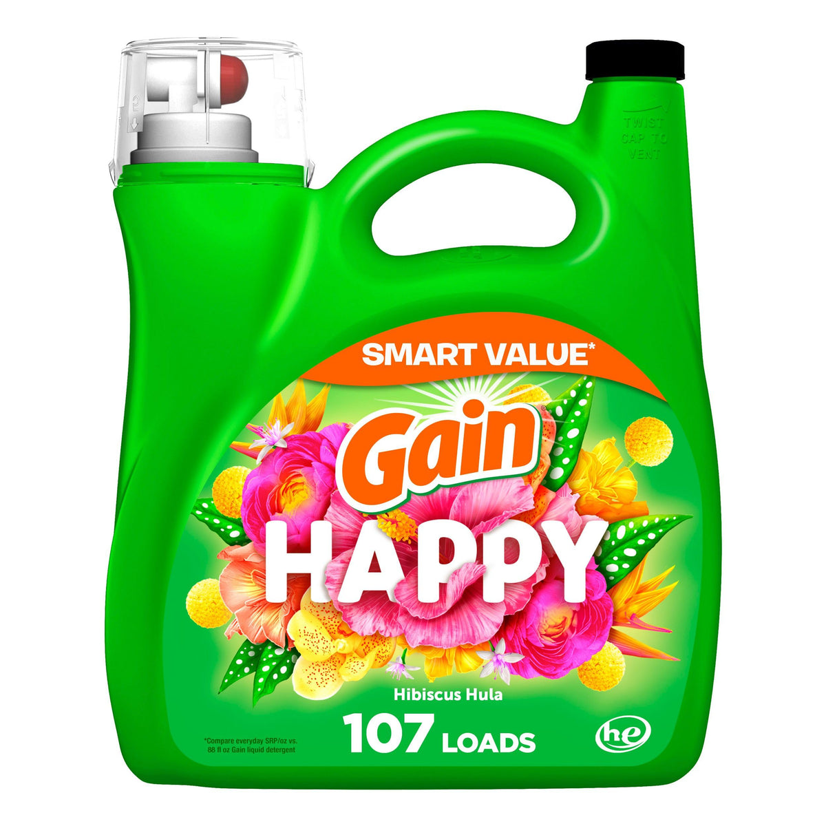 Gain Liquid Laundry Detergent, Happy, HE Compatible, 154 fl oz, 107 Loads