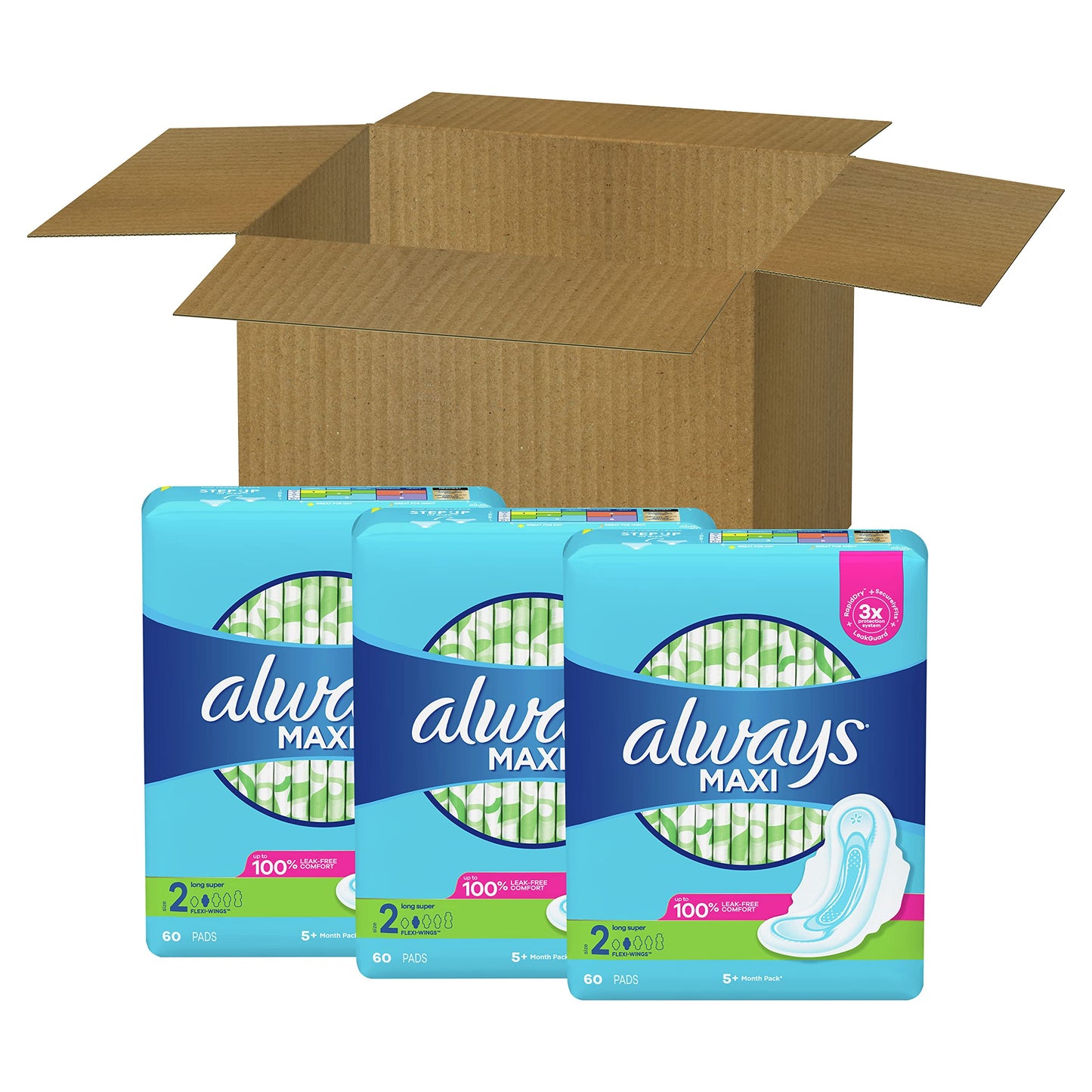 Always Maxi Feminine Pads for Women, Size 2 Long Super Absorbency, Multipack, with Wings, Unscented, 60 Count x 3 Packs (180 Count total)