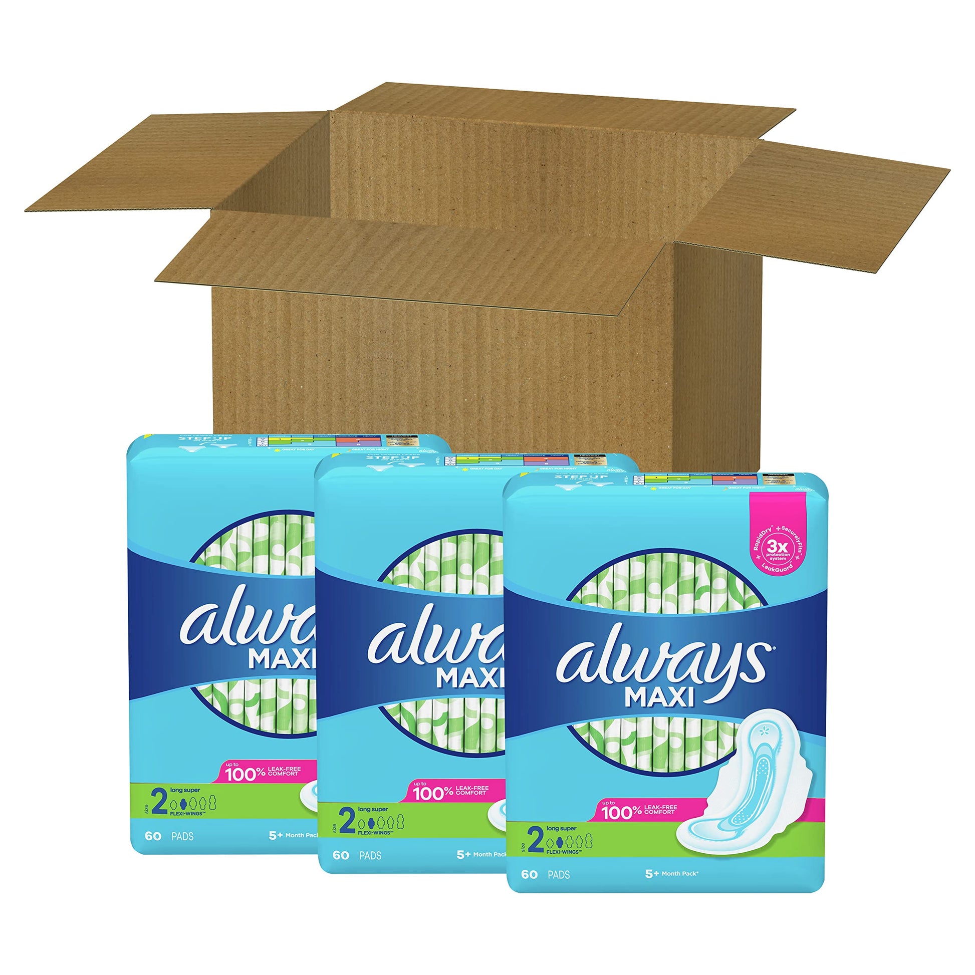 Always Maxi Feminine Pads for Women, Size 2 Long Super Absorbency, Multipack, with Wings, Unscented, 60 Count x 3 Packs (180 Count total)