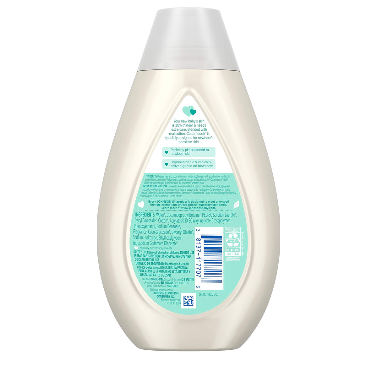 Johnson's CottonTouch Newborn Baby Wash & Shampoo with No More Tears, Sulfate-, Paraben- Free for Sensitive Skin, Made with Real Cotton, Gently Washes Away Dirt & Germs, 13.6 fl. oz, Pack of 3