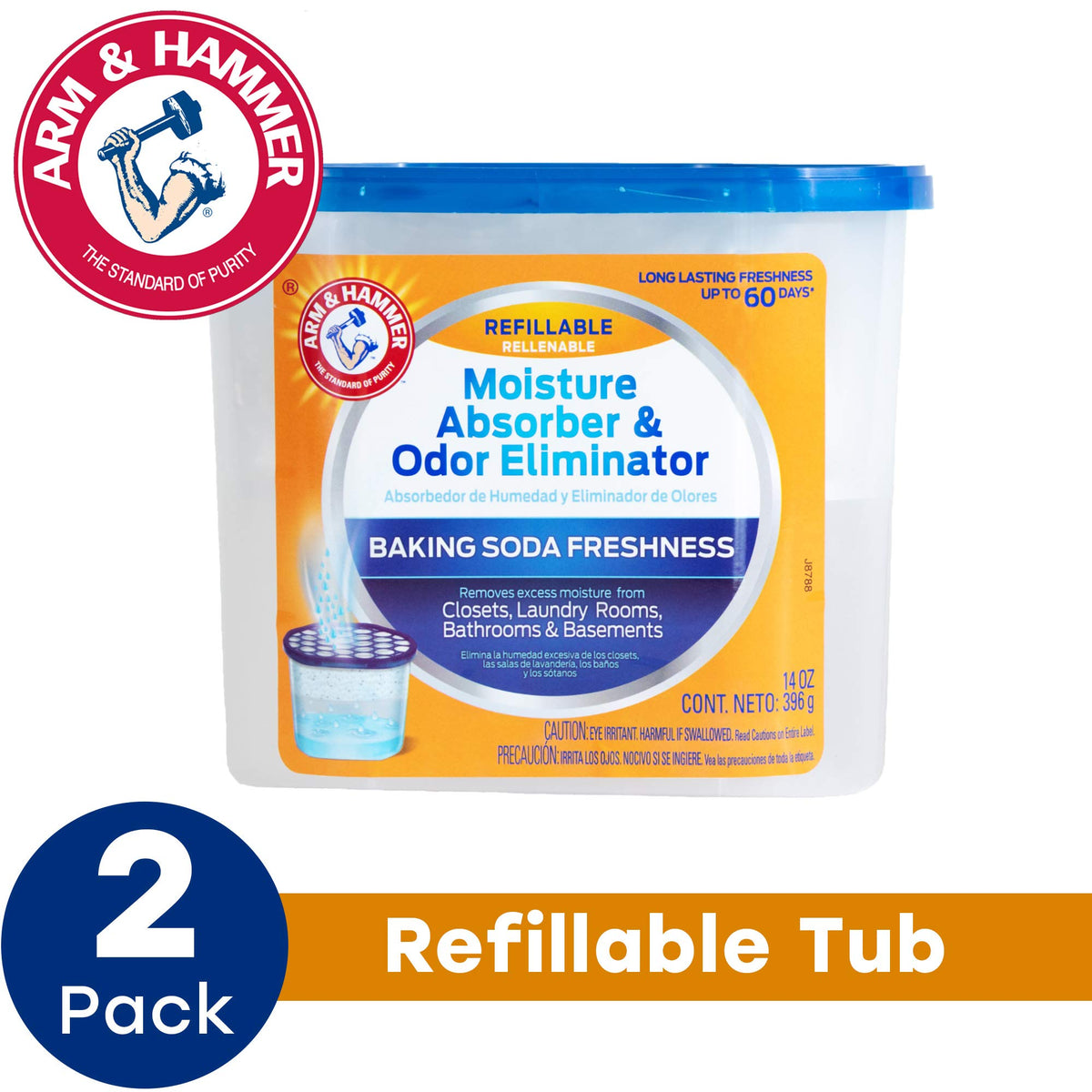 Arm & Hammer AH Refillable Tub 2-14 OZ Amazon Moisture Absorber, 2 Count, White,Blue, 28 Oz