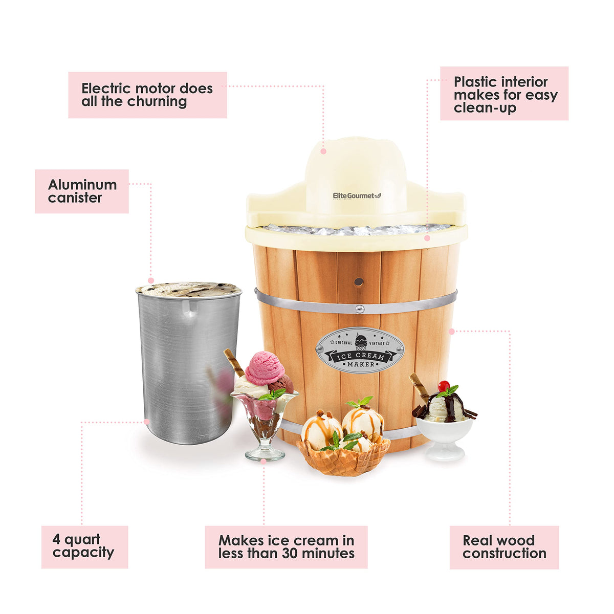 Elite Gourmet EIM-924L# 4 quart Old Fashioned Electric Ice Cream Maker, Pine Bucket