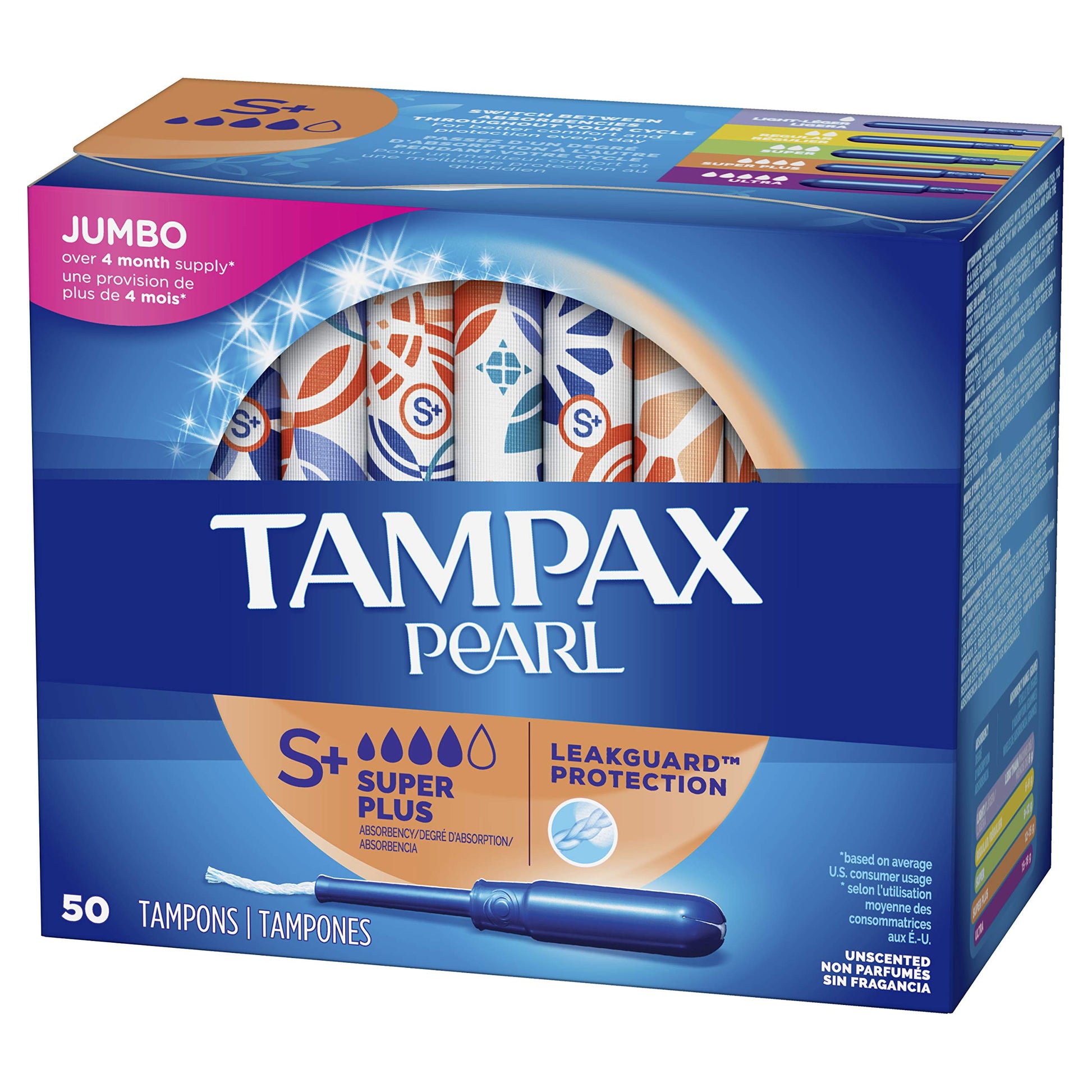 Tampax Pearl Tampons with Plastic Applicator, Super Plus Absorbency, Unscented, 50 Count - Pack of 6 (300 Count Total)