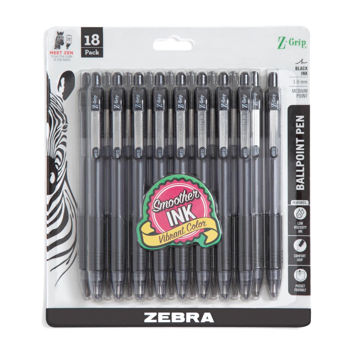 Zebra Pen Z-Grip Retractable Ballpoint Pen, Medium Point, Black Ink, Model Number: 22218, 18-Pack (22218)